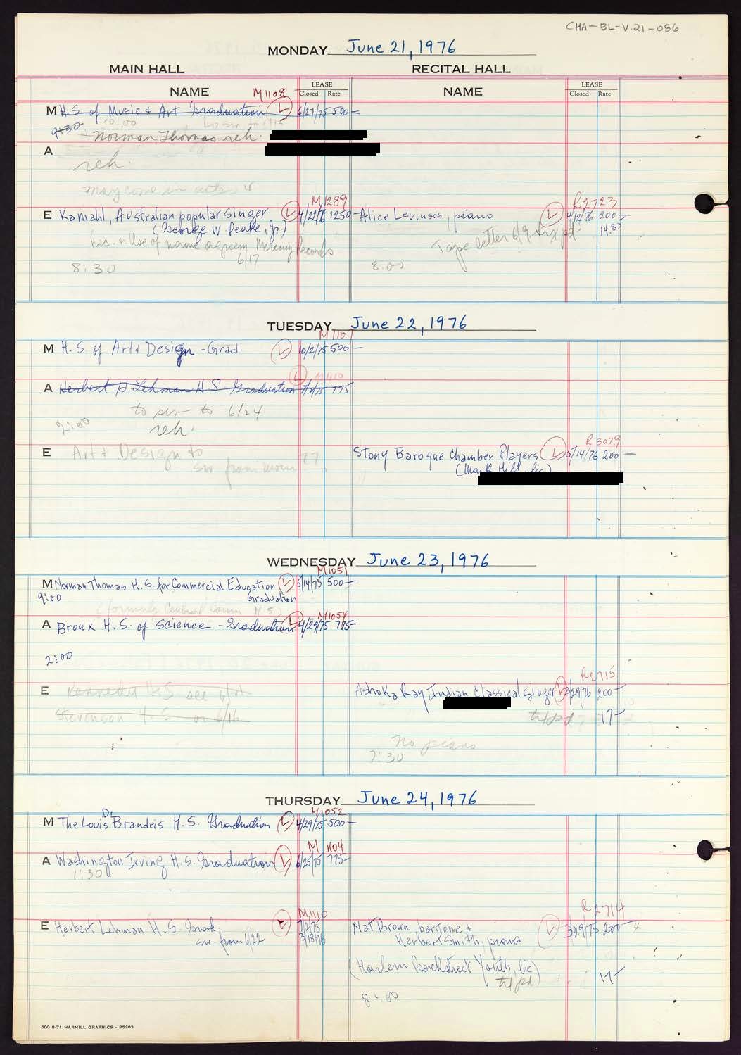 Carnegie Hall Booking Ledger, volume 21, page 86