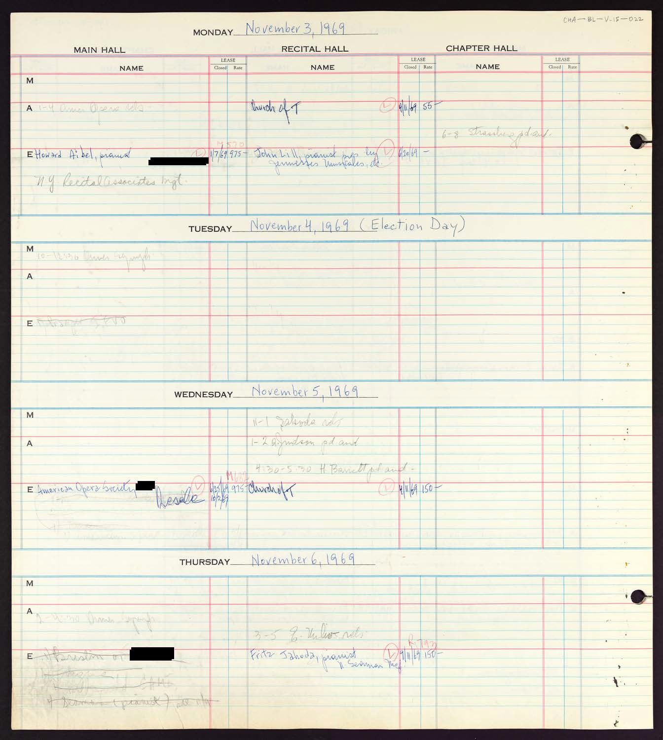 Carnegie Hall Booking Ledger, volume 15, page 22