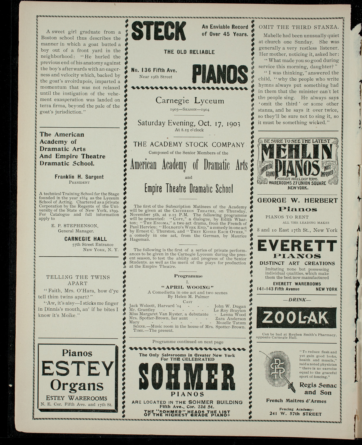 Academy Stock Company of the American Academy of Dramatic Arts and Empire Theatre Dramatic School, October 17, 1903, program page 2