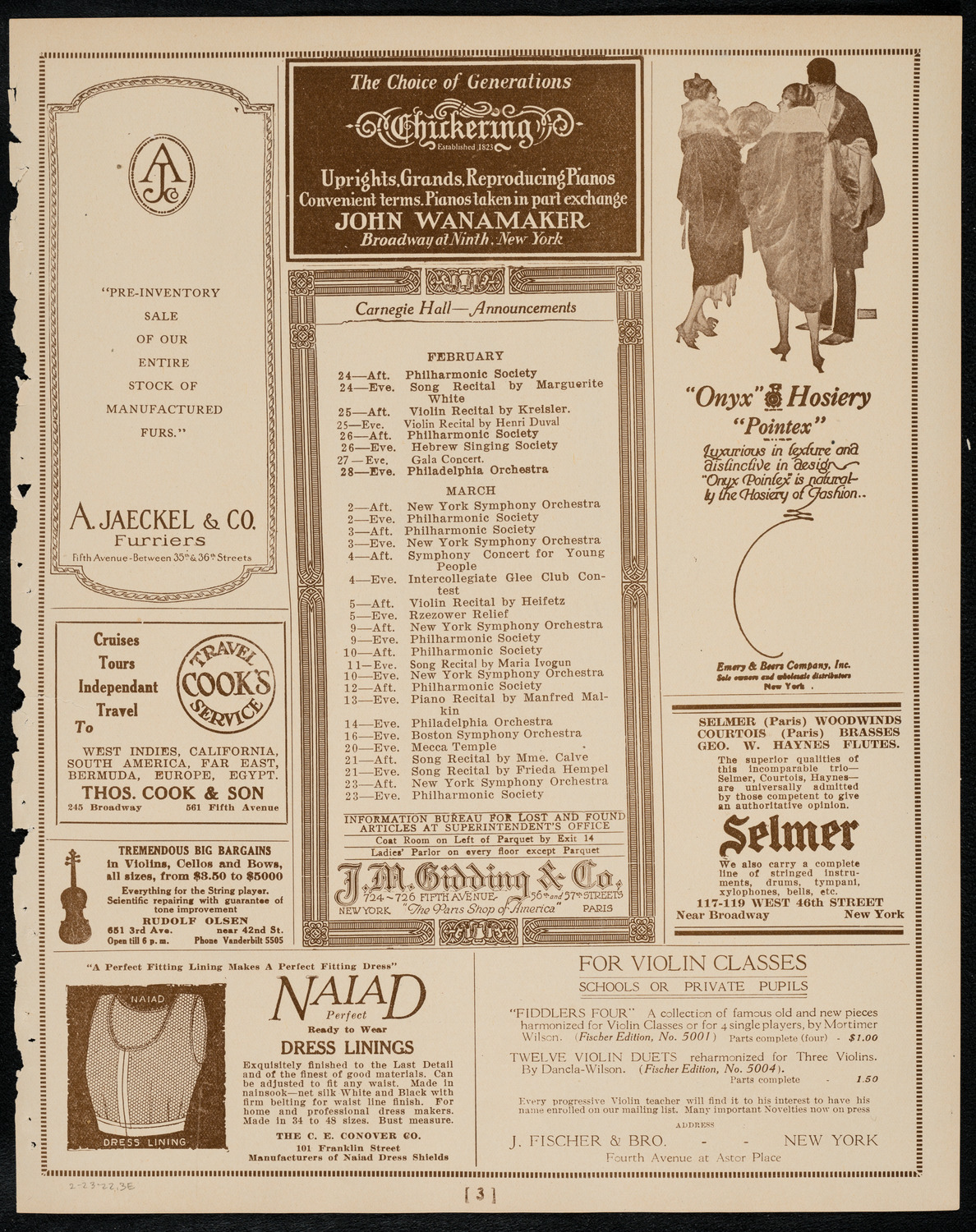 New York Philharmonic, February 23, 1922, program page 3