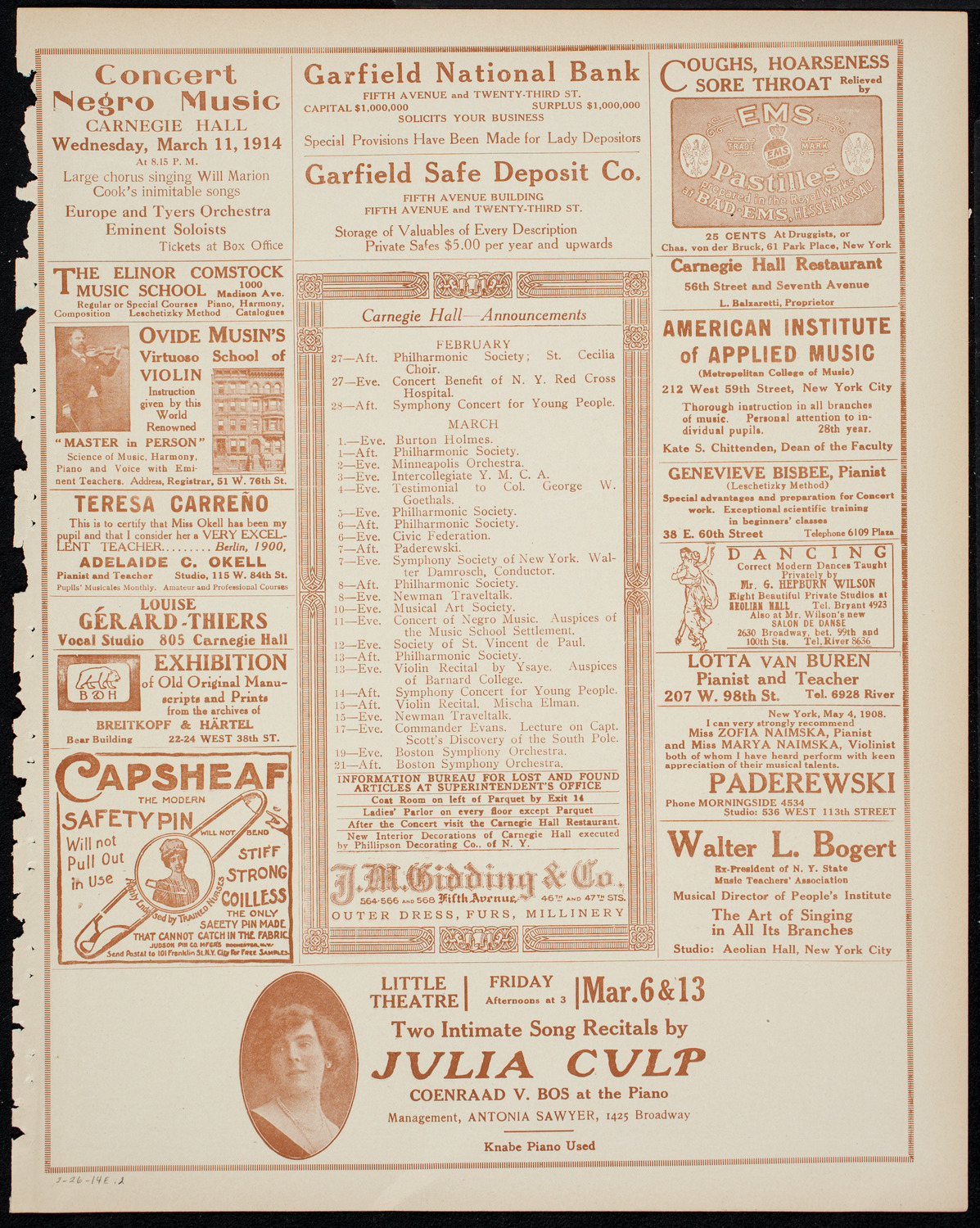 New York Philharmonic, February 26, 1914, program page 3