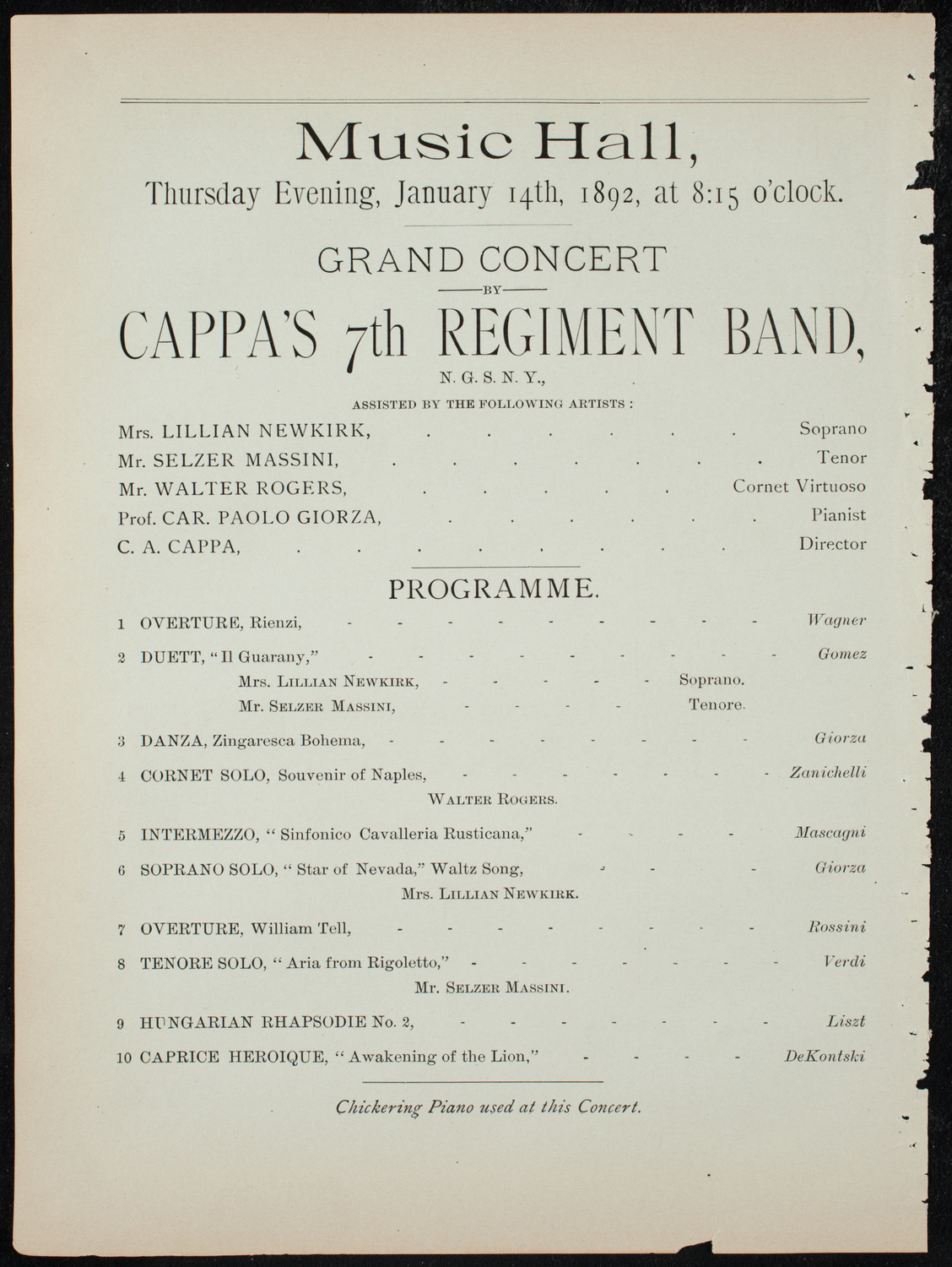 Cappa's Seventh Regiment Band, January 14, 1892, program page 6