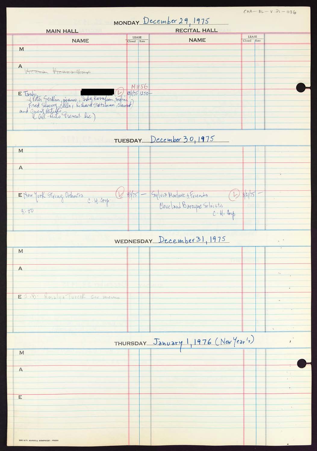 Carnegie Hall Booking Ledger, volume 21, page 36