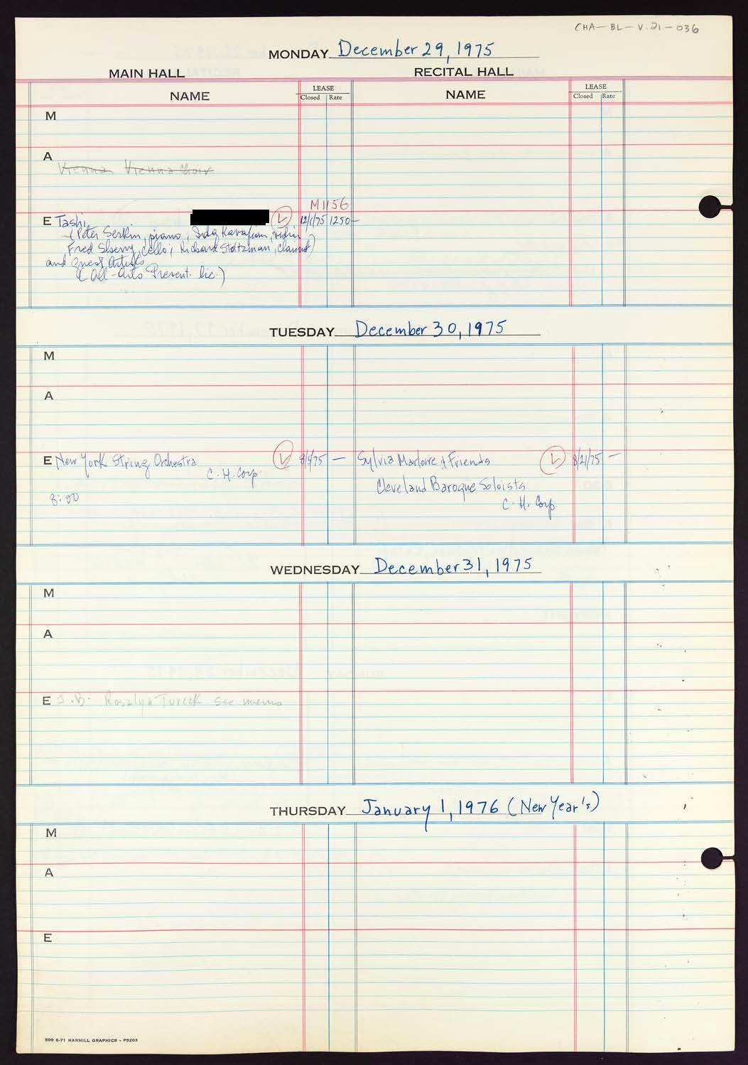 Carnegie Hall Booking Ledger, volume 21, page 36