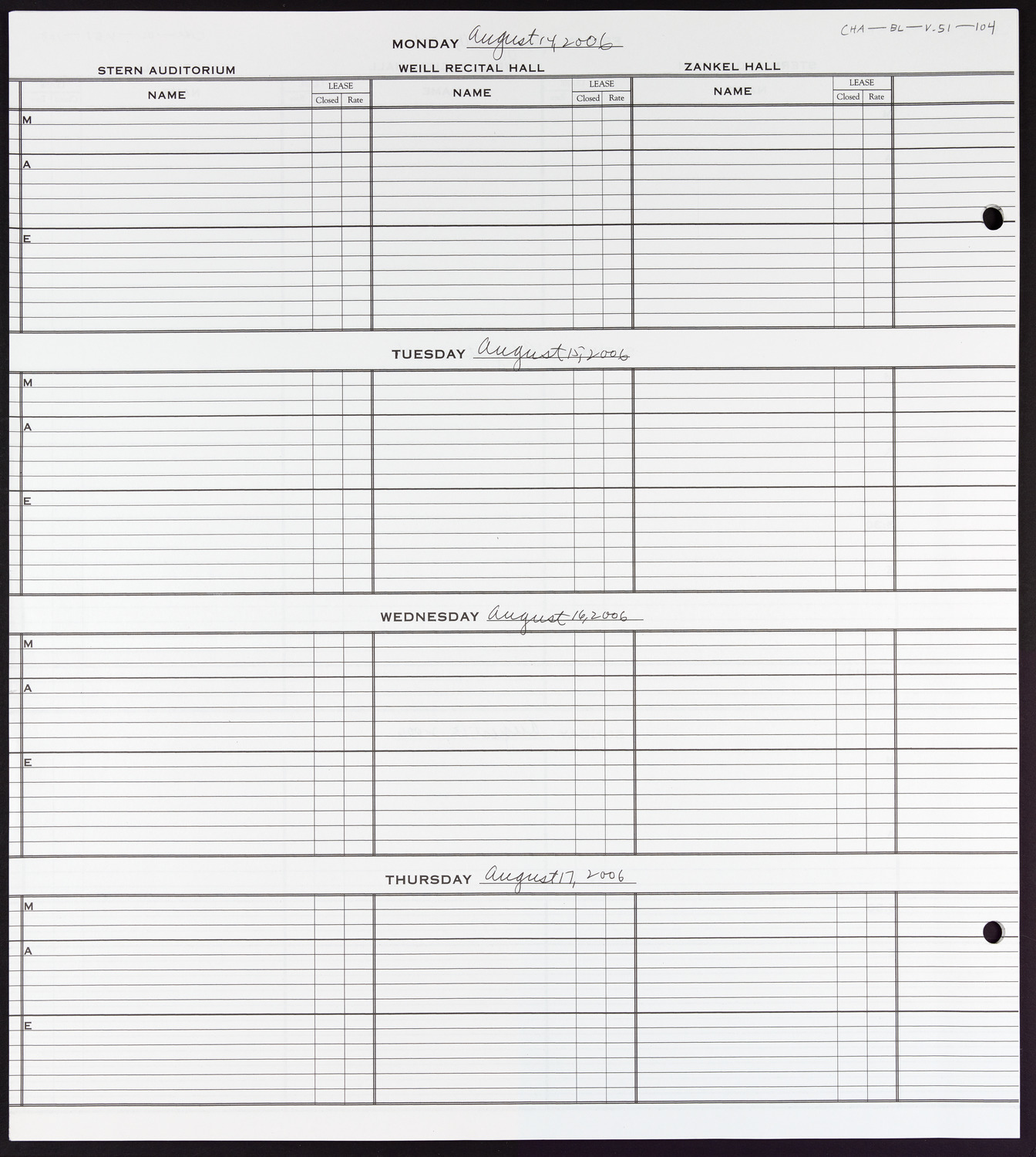 Carnegie Hall Booking Ledger, volume 51, page 104