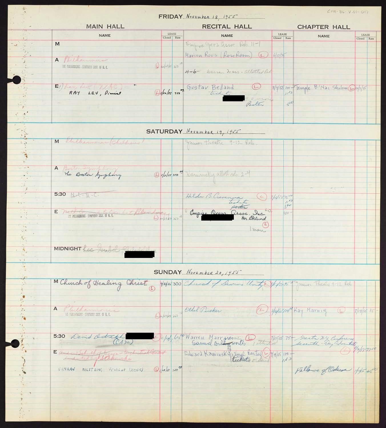 Carnegie Hall Booking Ledger, volume 1, page 17