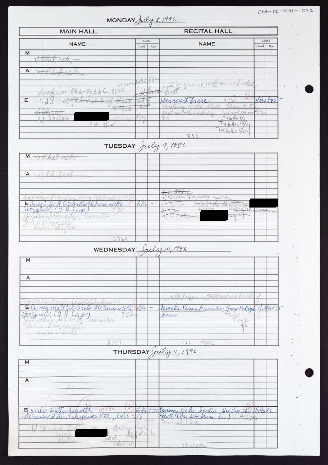 Carnegie Hall Booking Ledger, volume 41, page 92