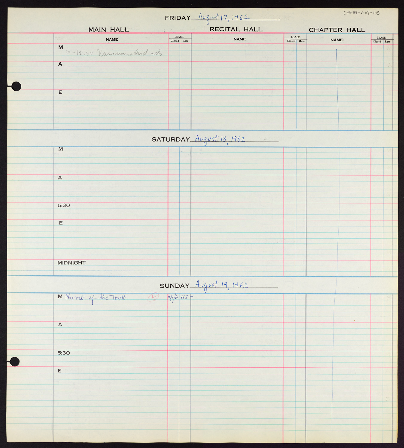 Carnegie Hall Booking Ledger, volume 7, page 105