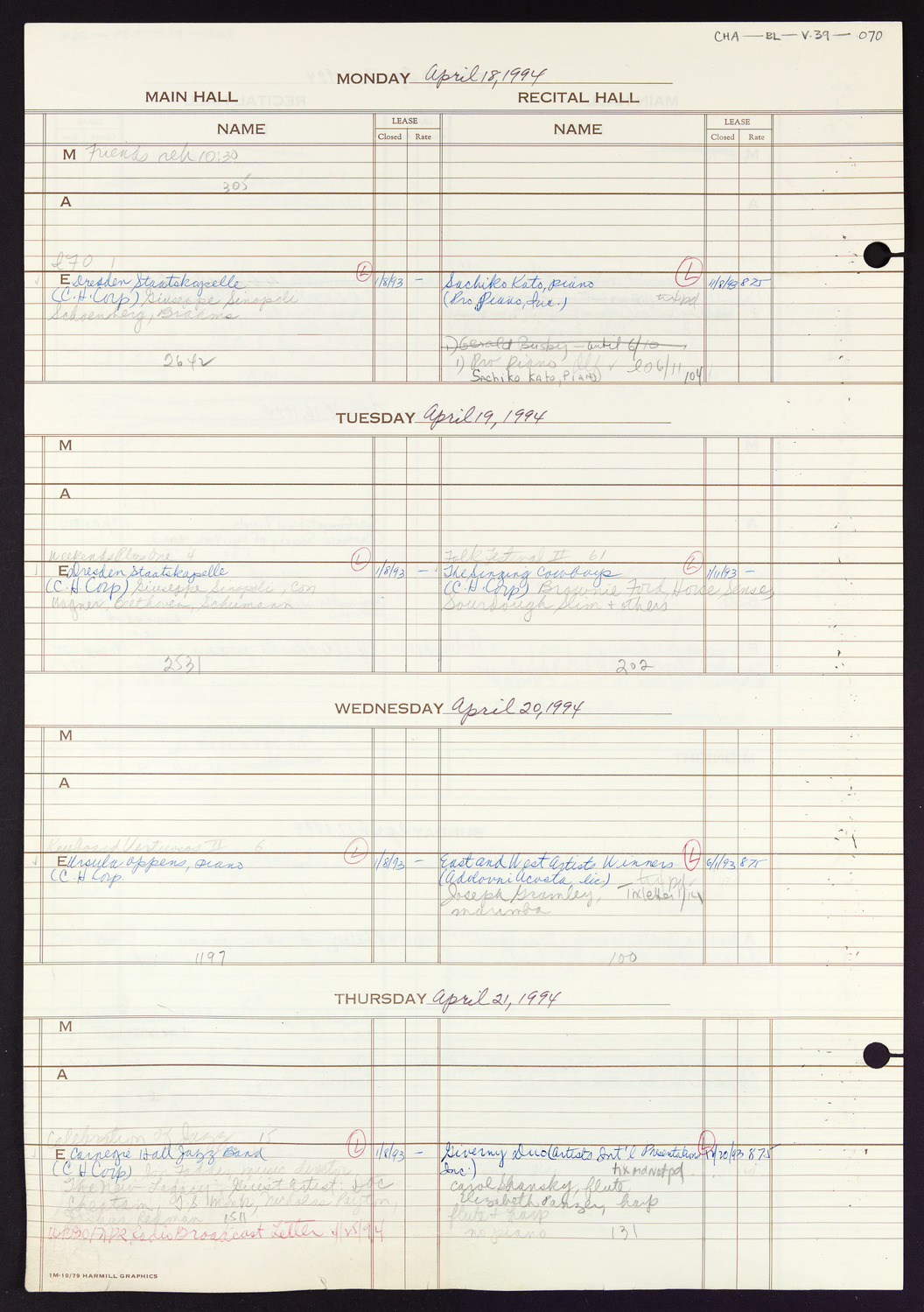 Carnegie Hall Booking Ledger, volume 39, page 70