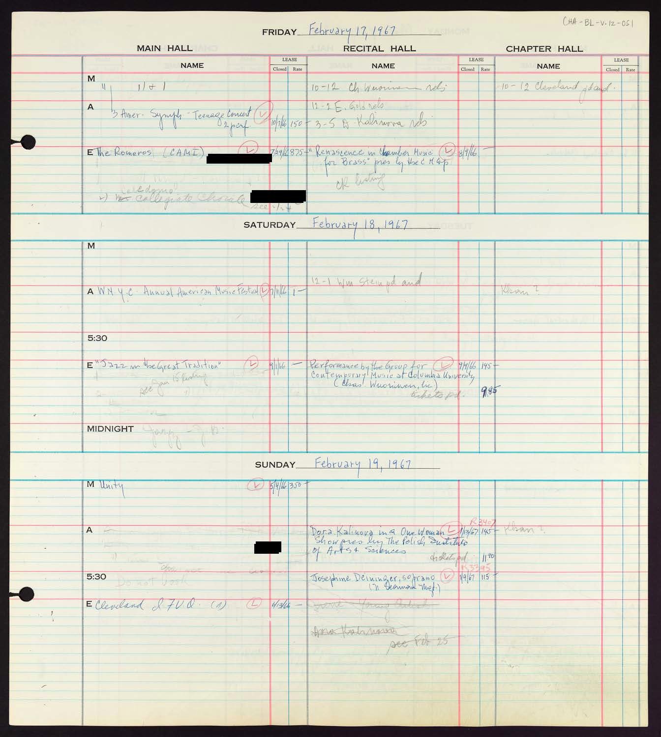 Carnegie Hall Booking Ledger, volume 12, page 51