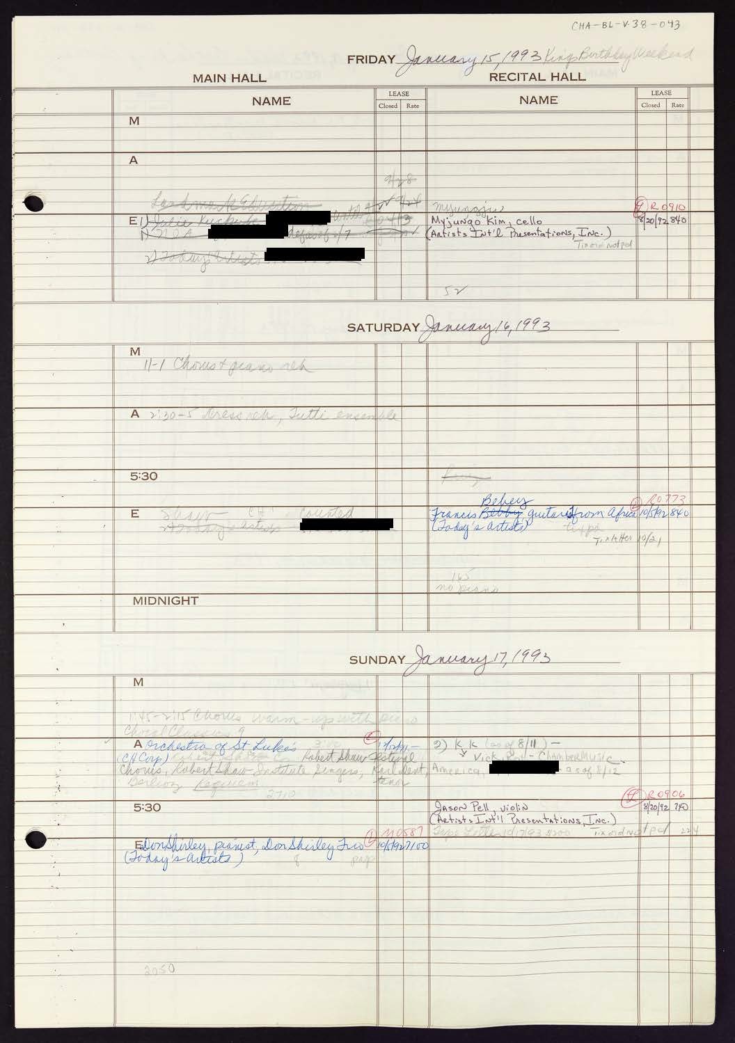 Carnegie Hall Booking Ledger, volume 38, page 43