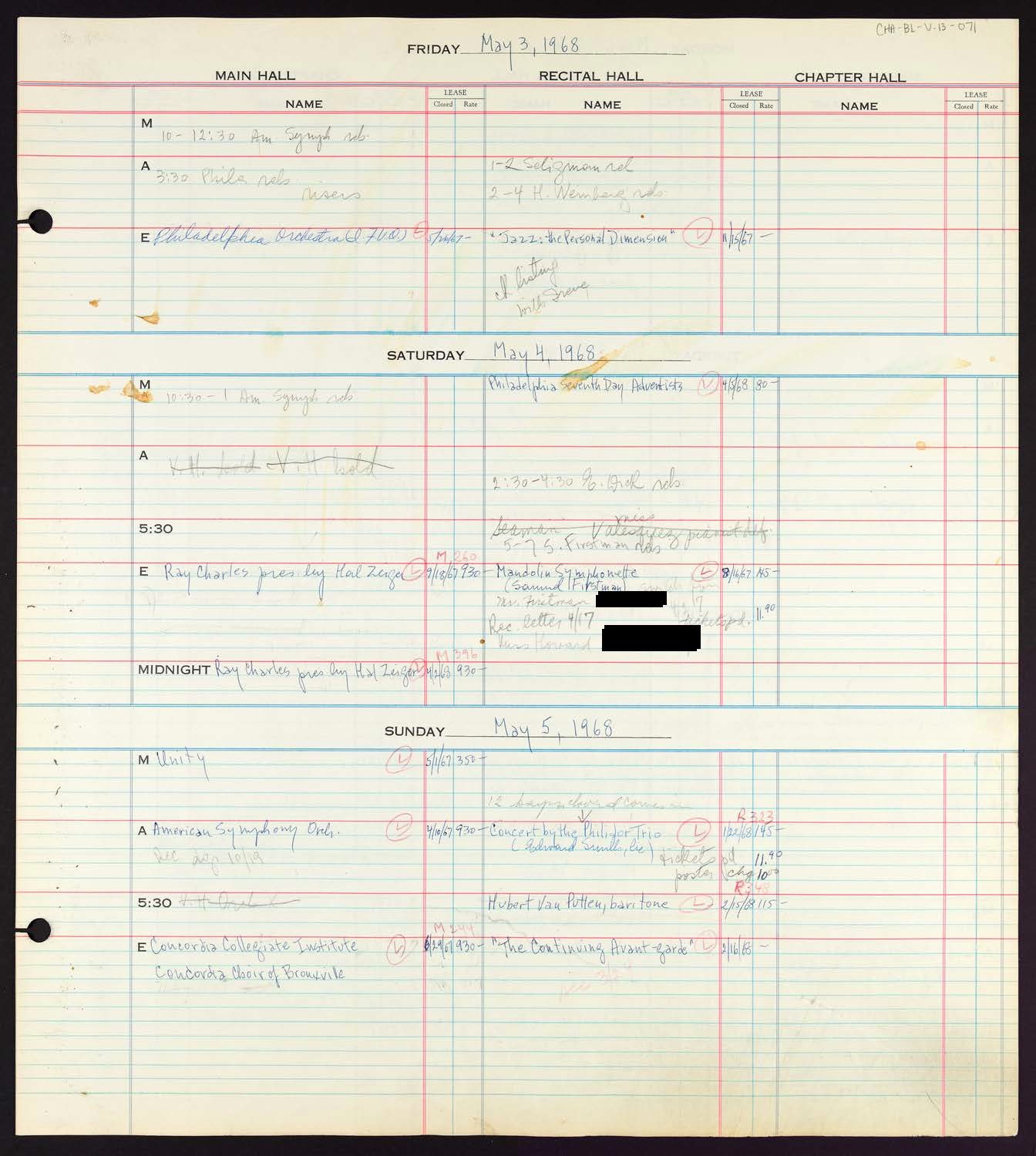 Carnegie Hall Booking Ledger, volume 13, page 71