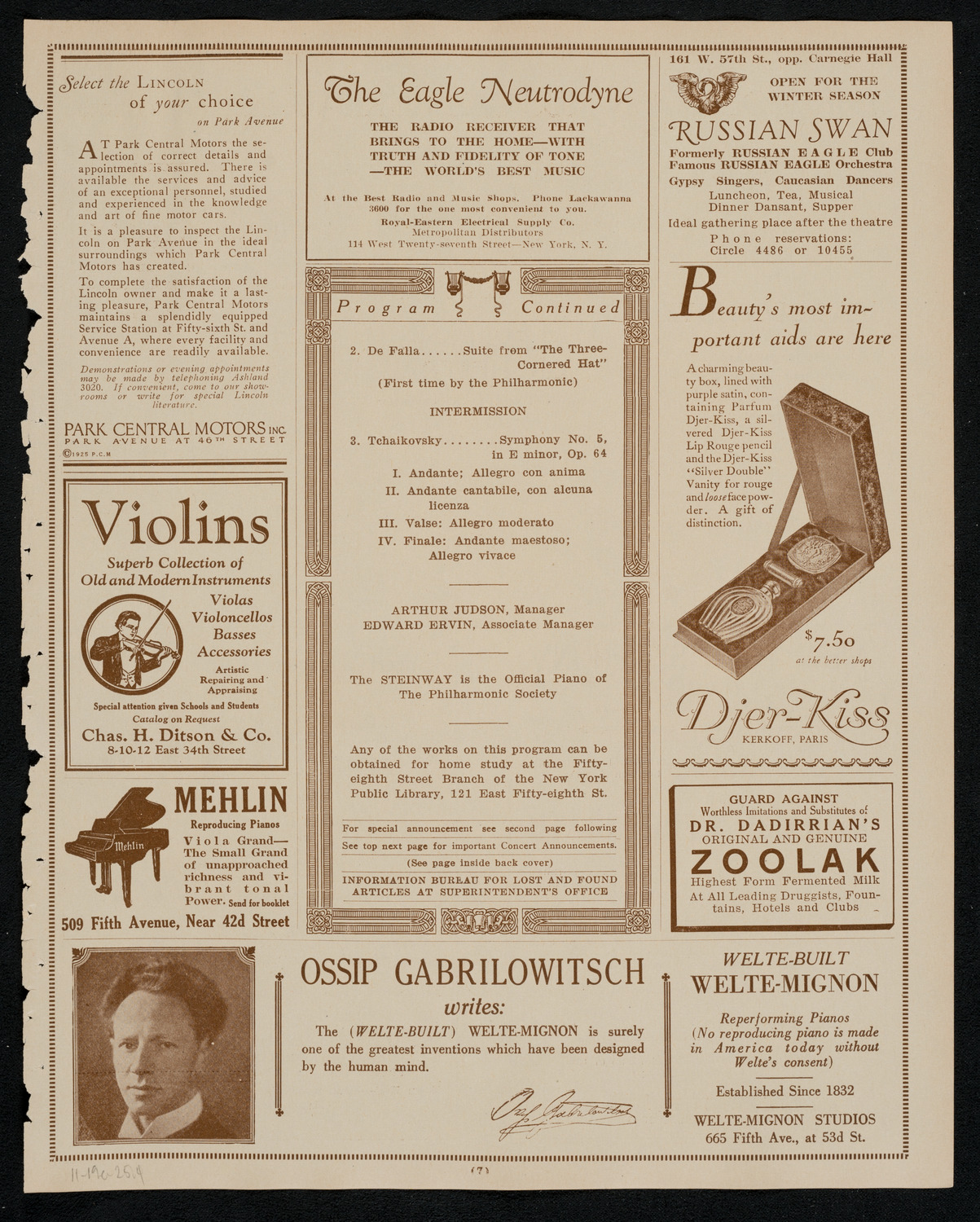 New York Philharmonic, November 19, 1925, program page 7