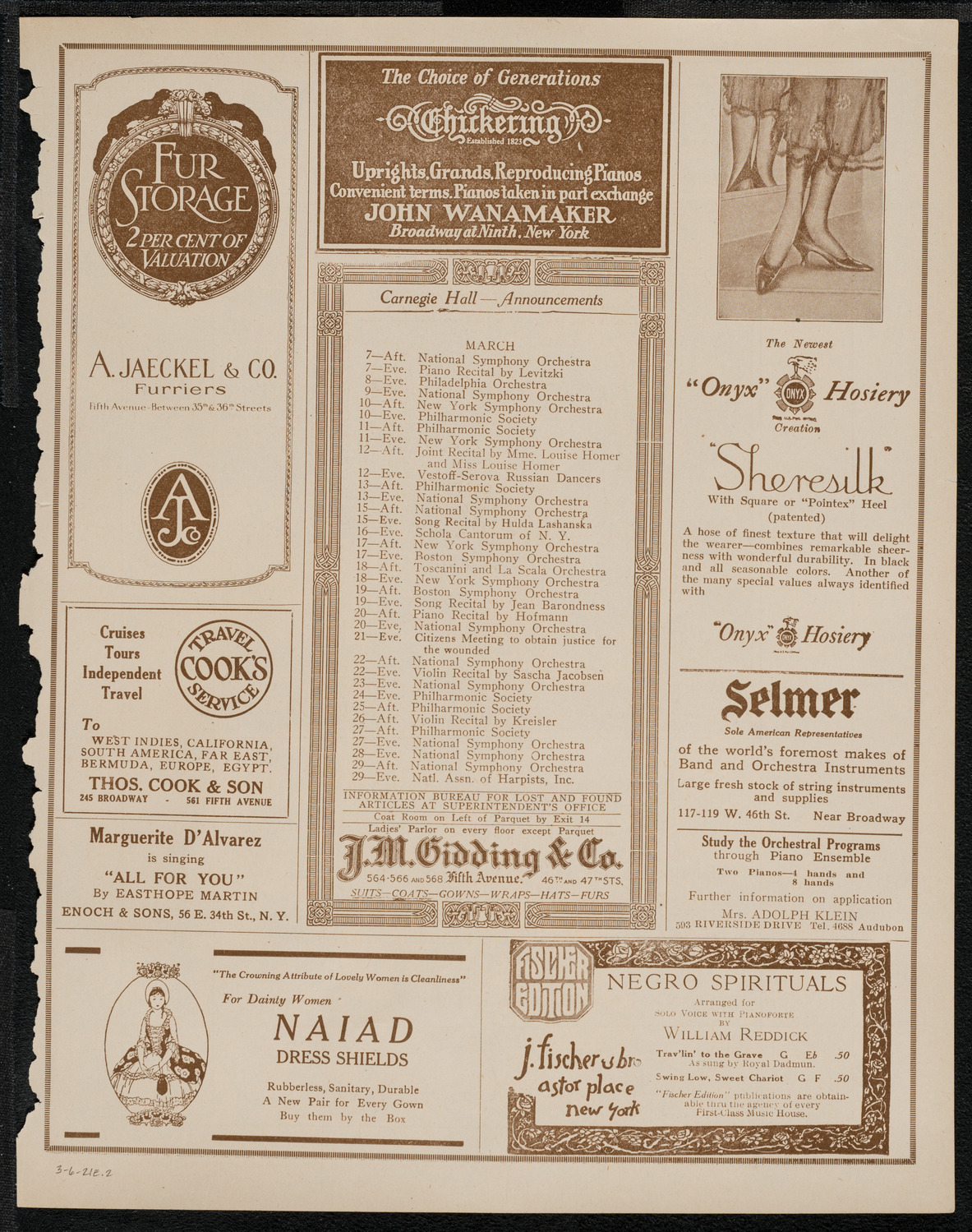 National Symphony Orchestra, March 6, 1921, program page 3