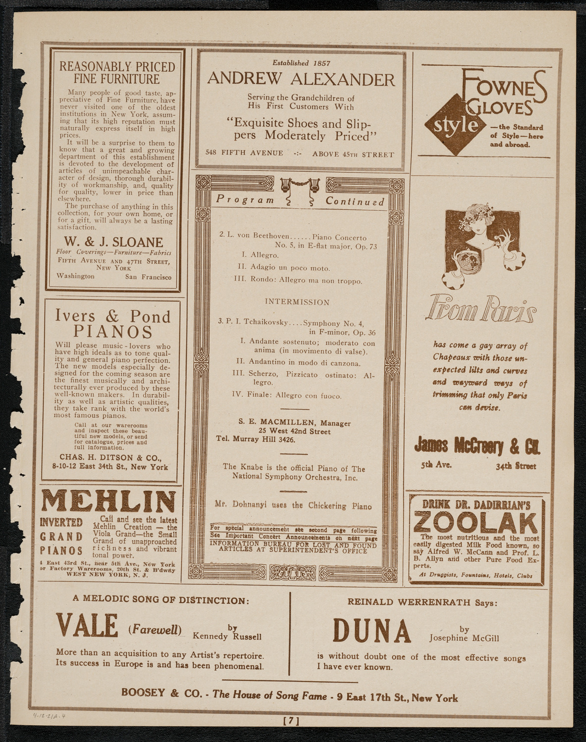 National Symphony Orchestra, April 12, 1921, program page 7