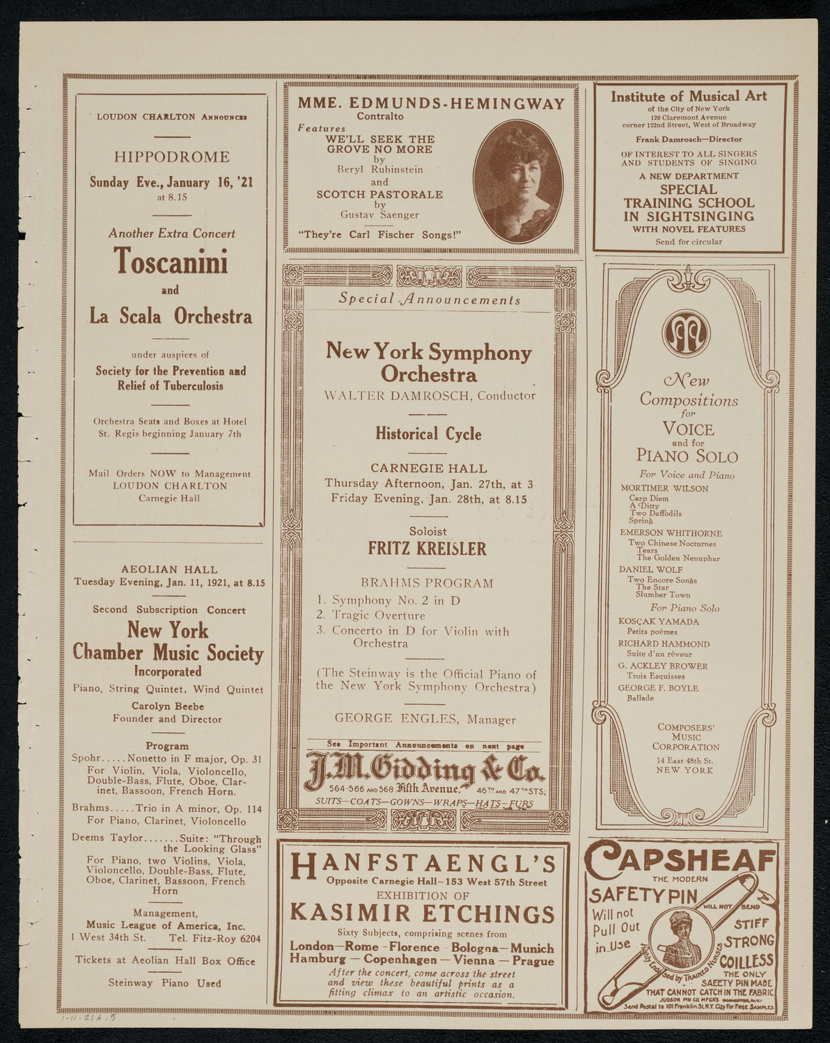 National Symphony Orchestra, January 11, 1921, program page 9