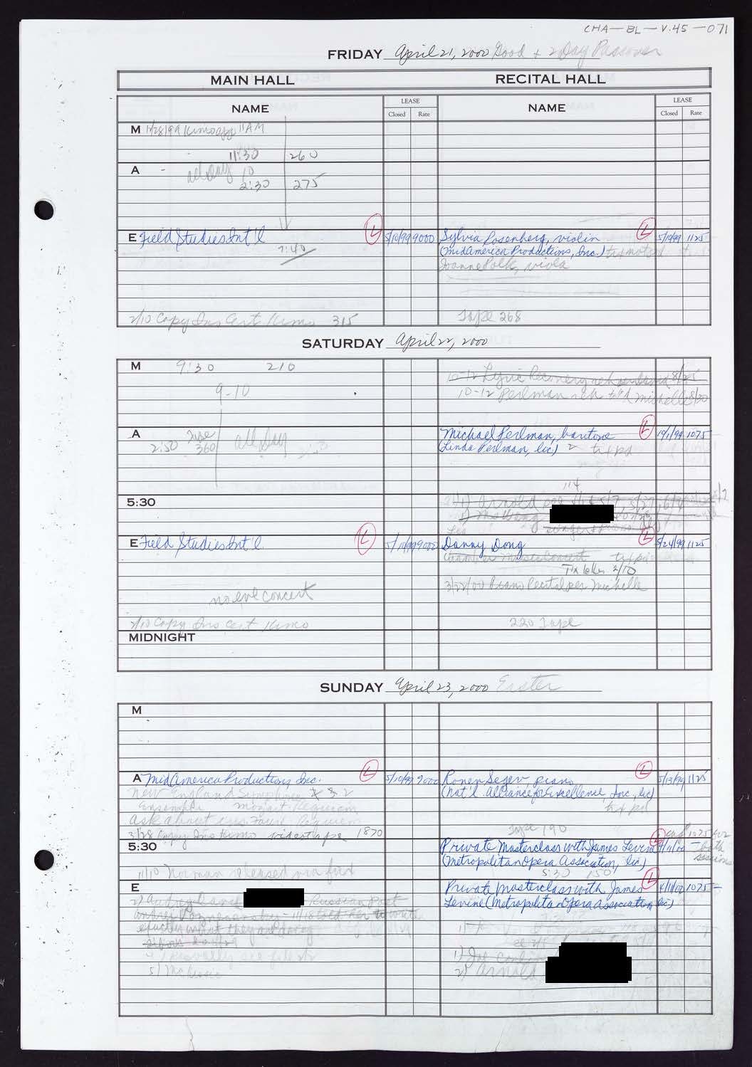 Carnegie Hall Booking Ledger, volume 45, page 71