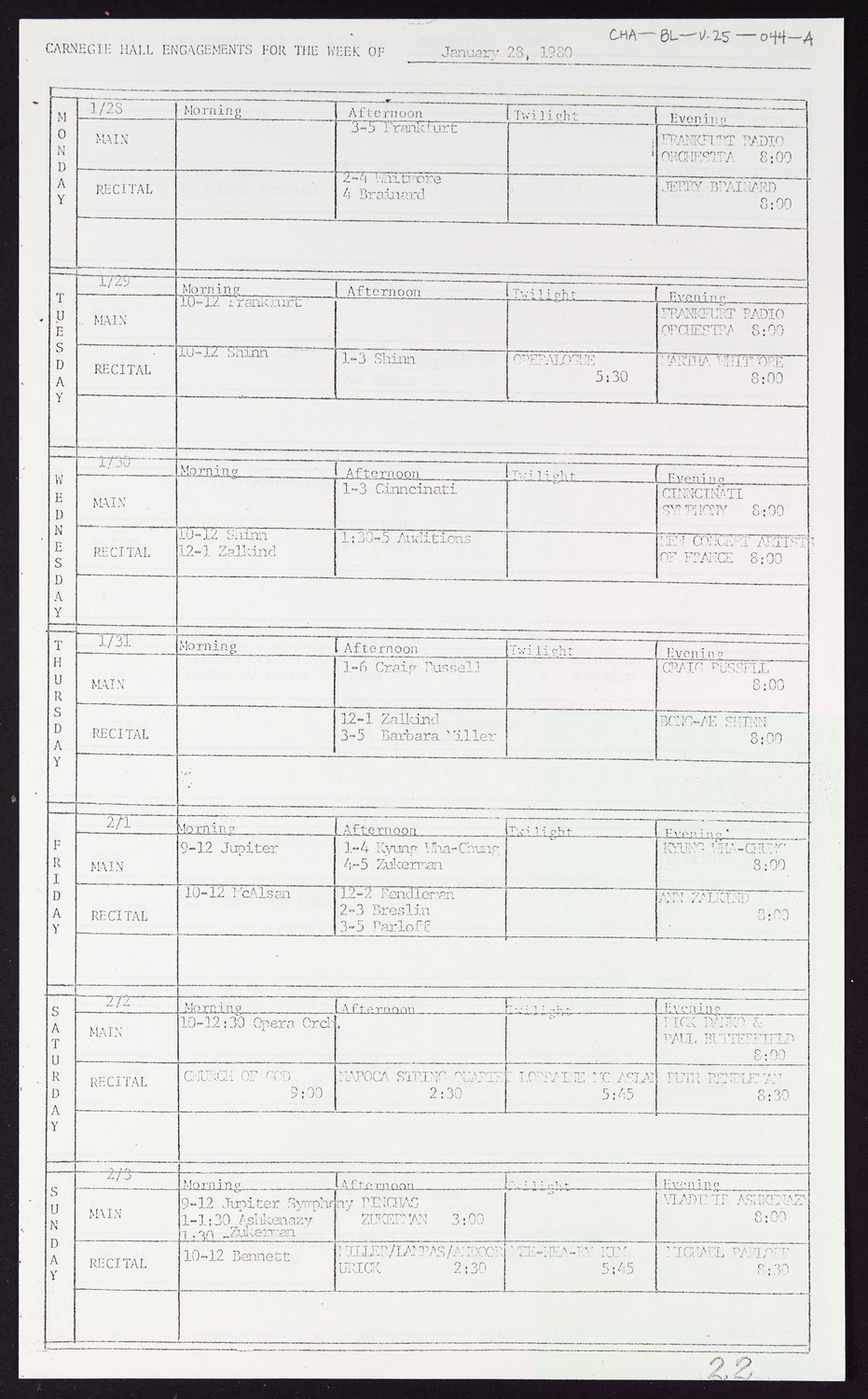 Carnegie Hall Booking Ledger, volume 25, page 44a