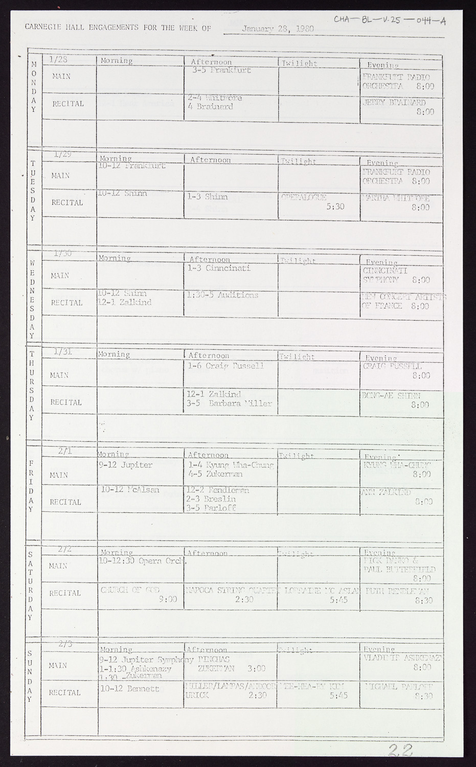 Carnegie Hall Booking Ledger, volume 25, page 44a