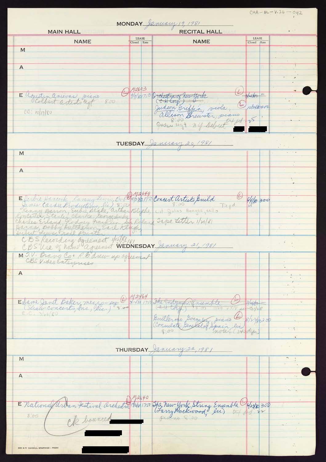 Carnegie Hall Booking Ledger, volume 26, page 42