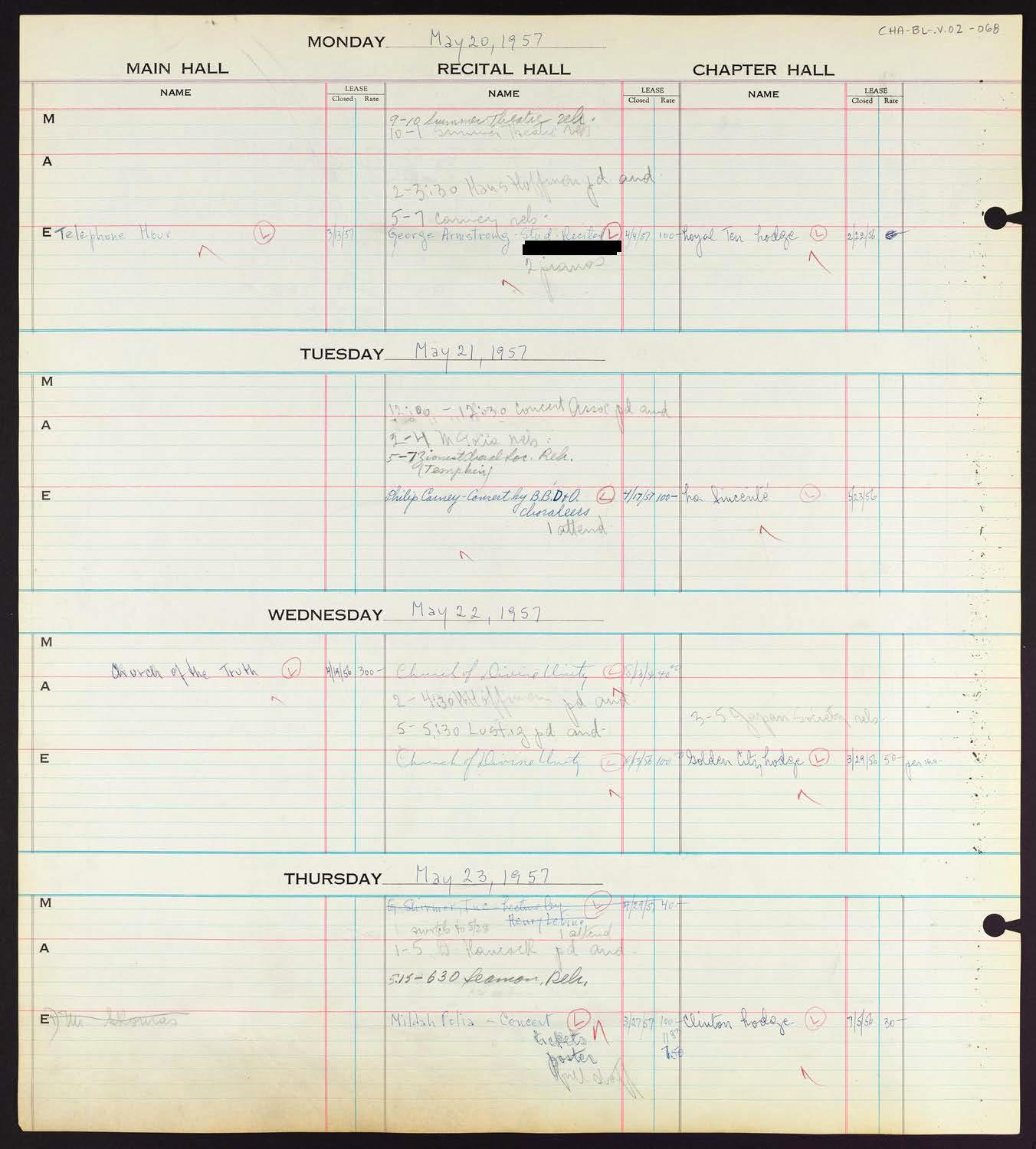 Carnegie Hall Booking Ledger, volume 2, page 68