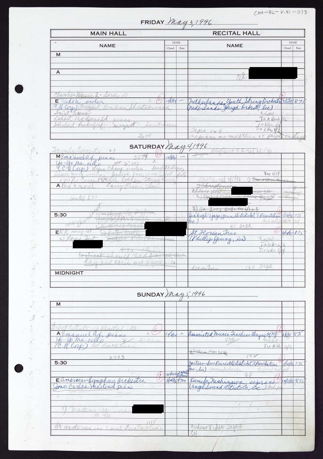 Carnegie Hall Booking Ledger, volume 41, page 73