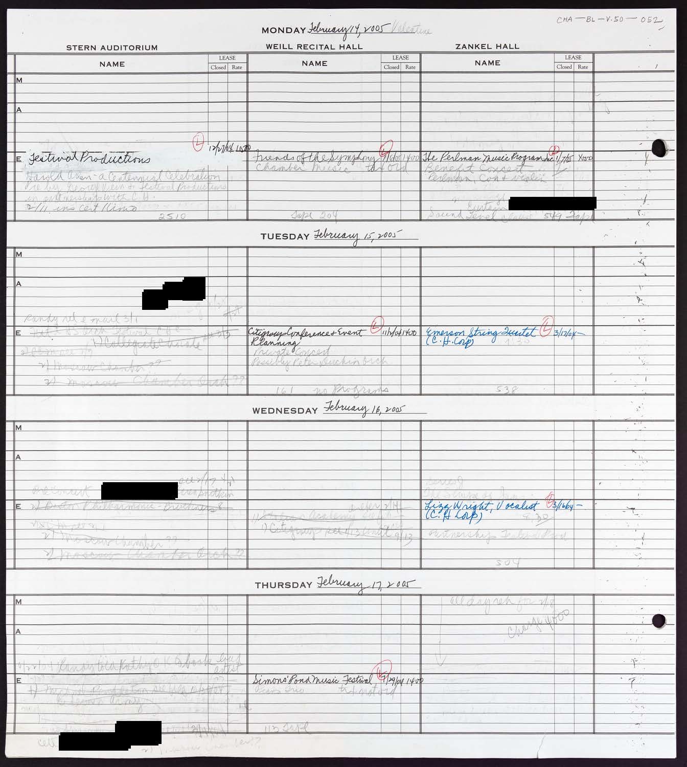 Carnegie Hall Booking Ledger, volume 50, page 52