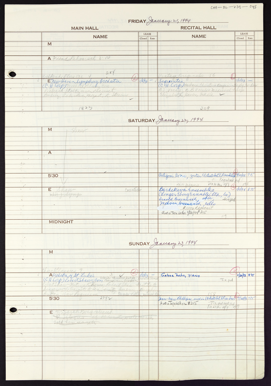 Carnegie Hall Booking Ledger, volume 39, page 45