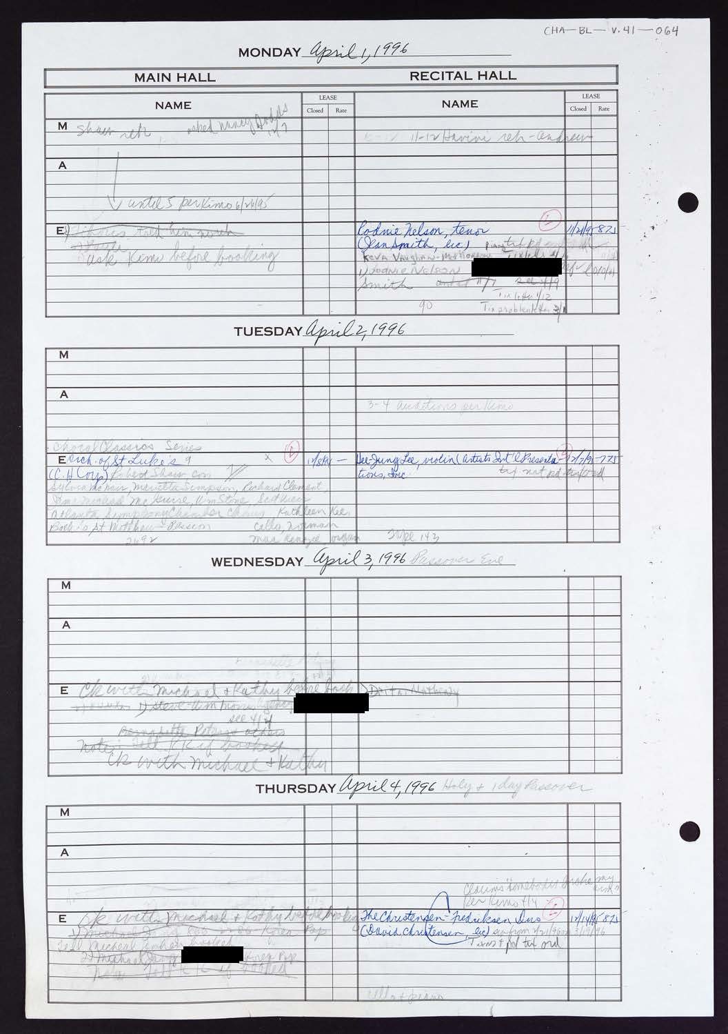 Carnegie Hall Booking Ledger, volume 41, page 64