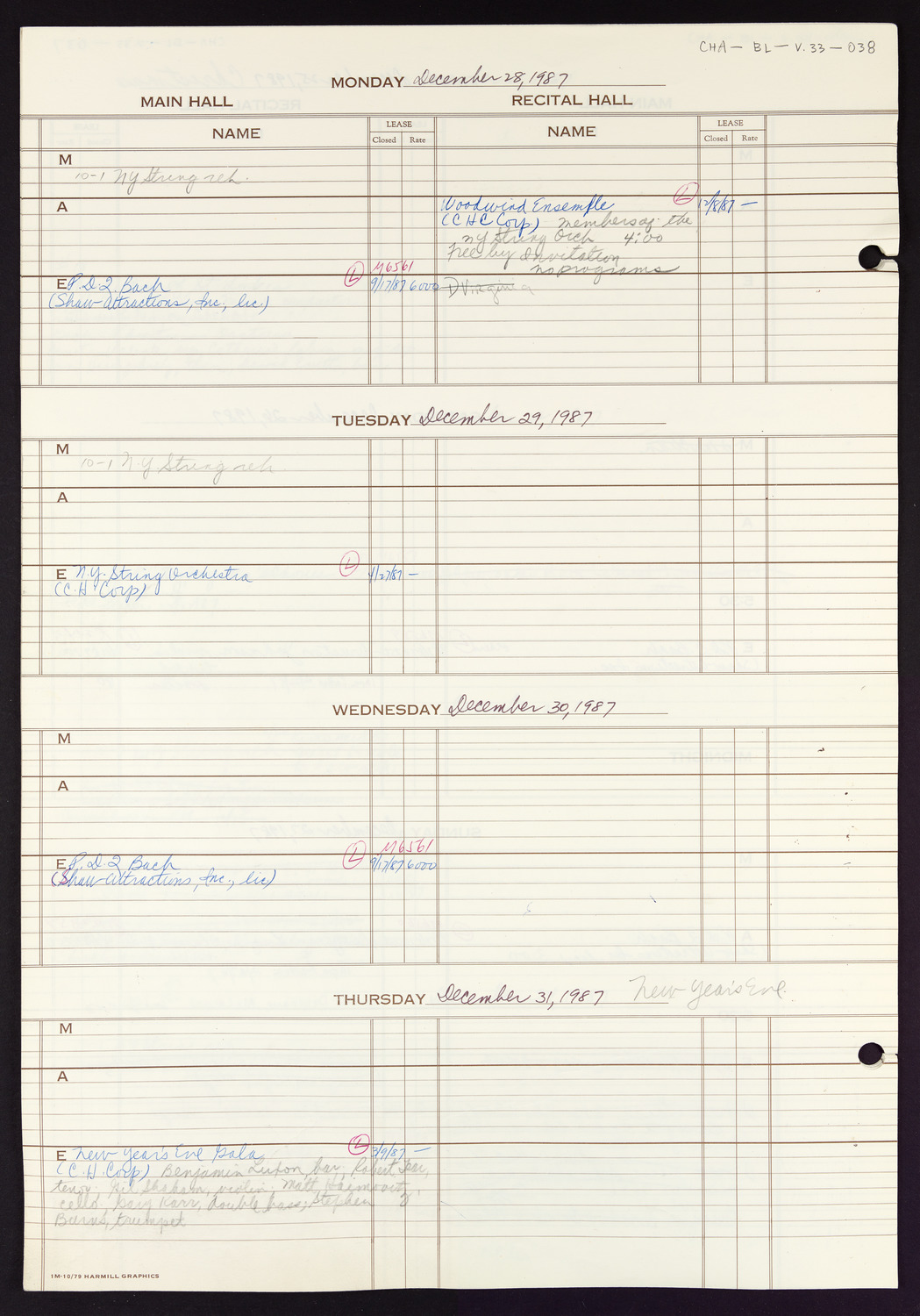 Carnegie Hall Booking Ledger, volume 33, page 38