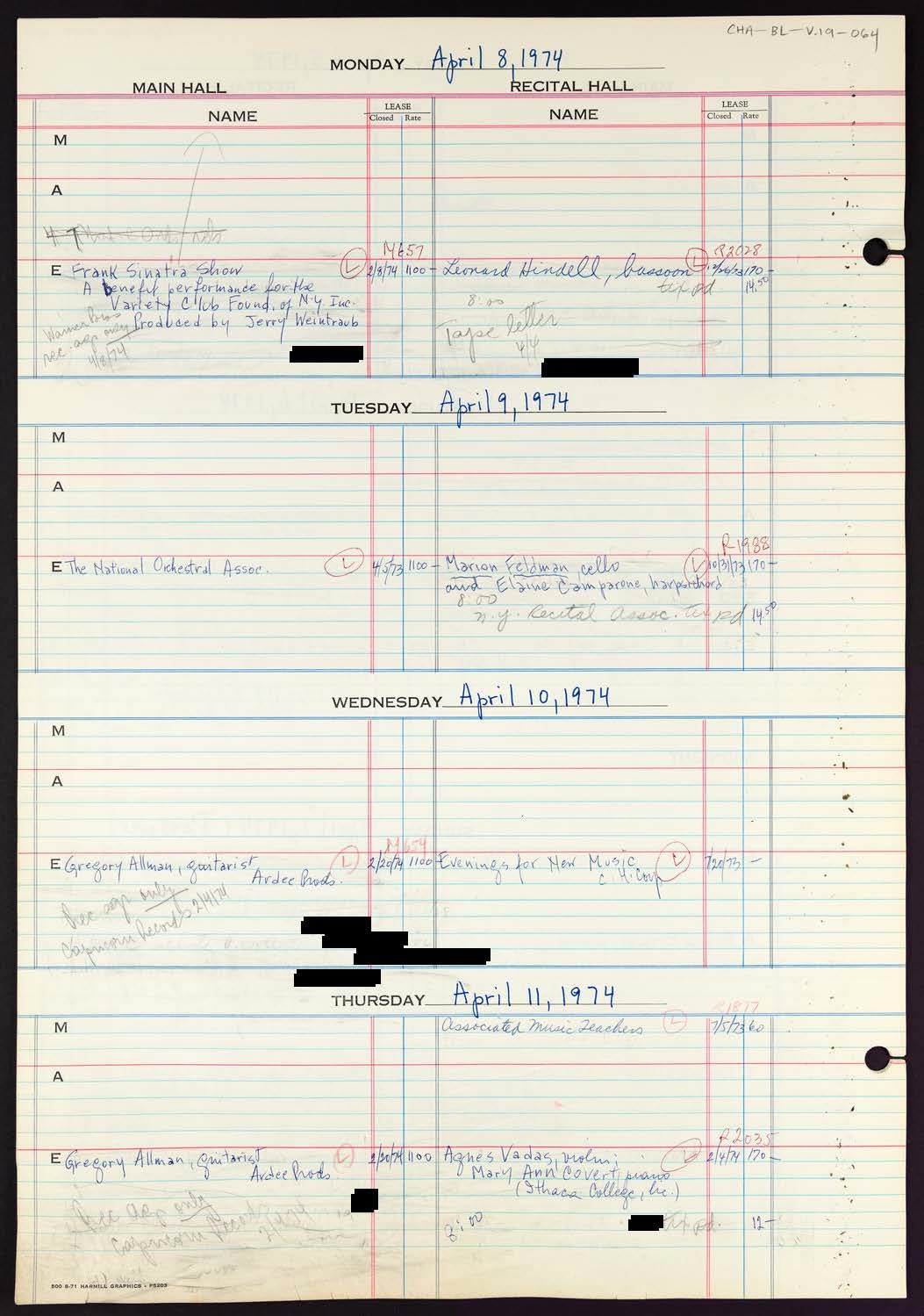 Carnegie Hall Booking Ledger, volume 19, page 64