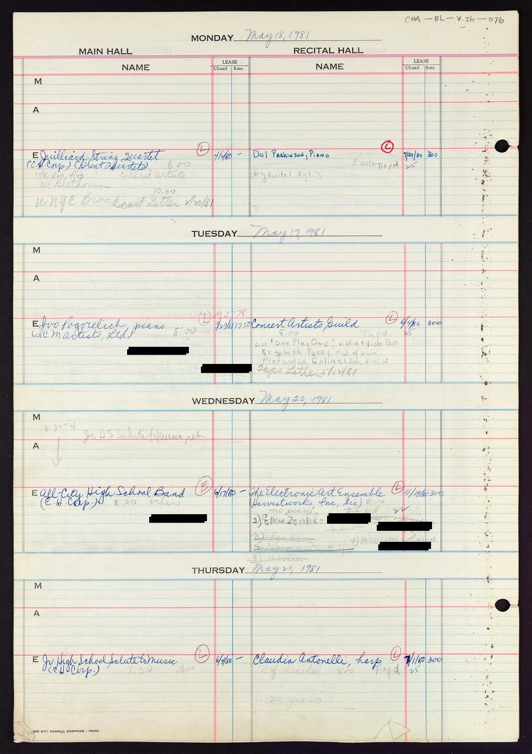 Carnegie Hall Booking Ledger, volume 26, page 76