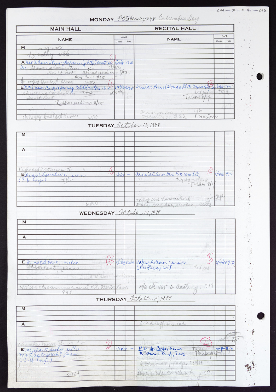 Carnegie Hall Booking Ledger, volume 44, page 16