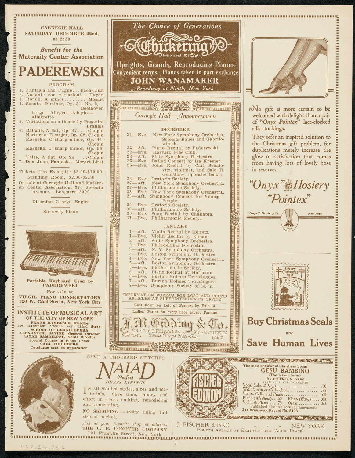 Schola Cantorum of New York, December 20, 1923, program page 3