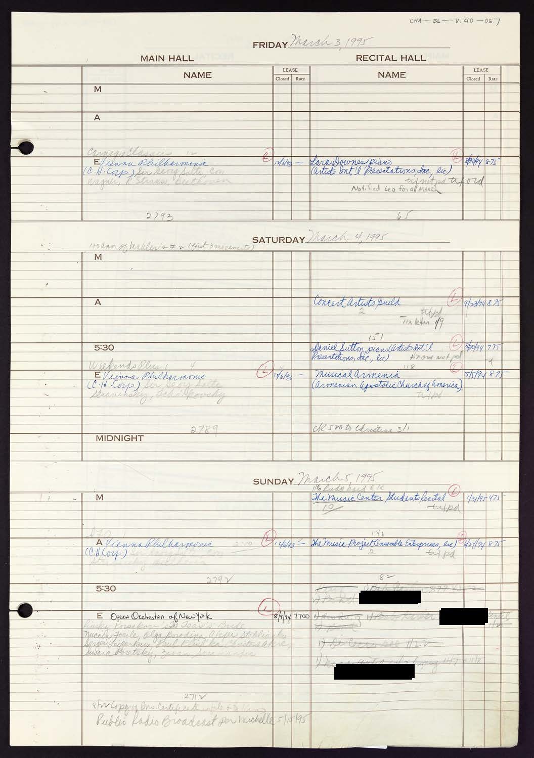 Carnegie Hall Booking Ledger, volume 40, page 57