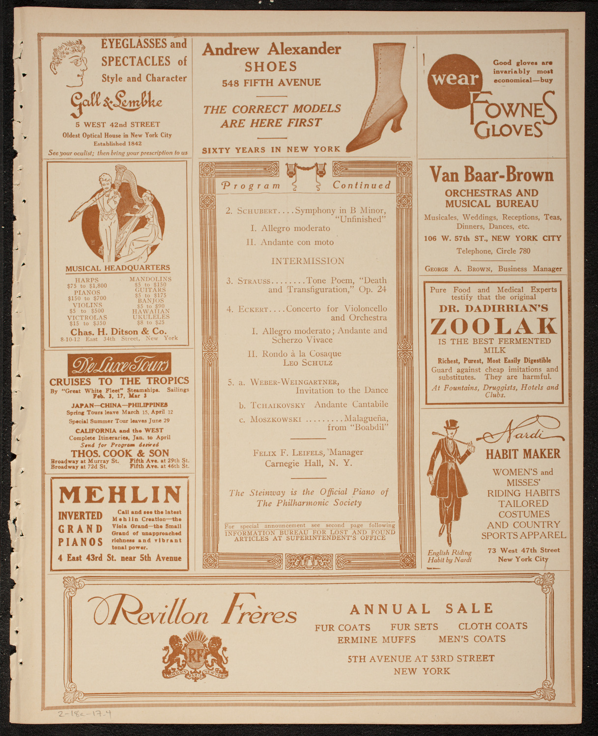 New York Philharmonic, February 18, 1917, program page 7