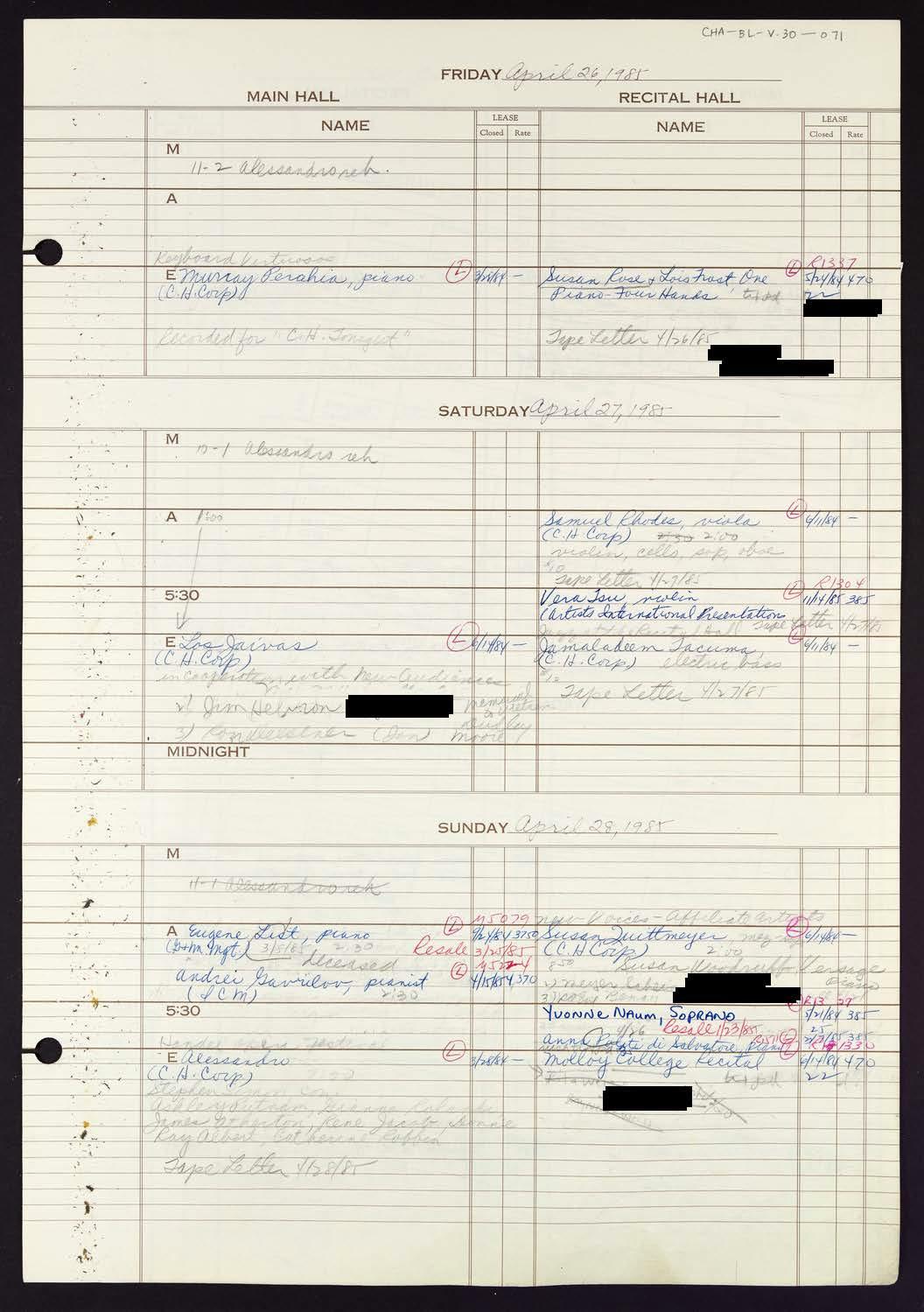 Carnegie Hall Booking Ledger, volume 30, page 71