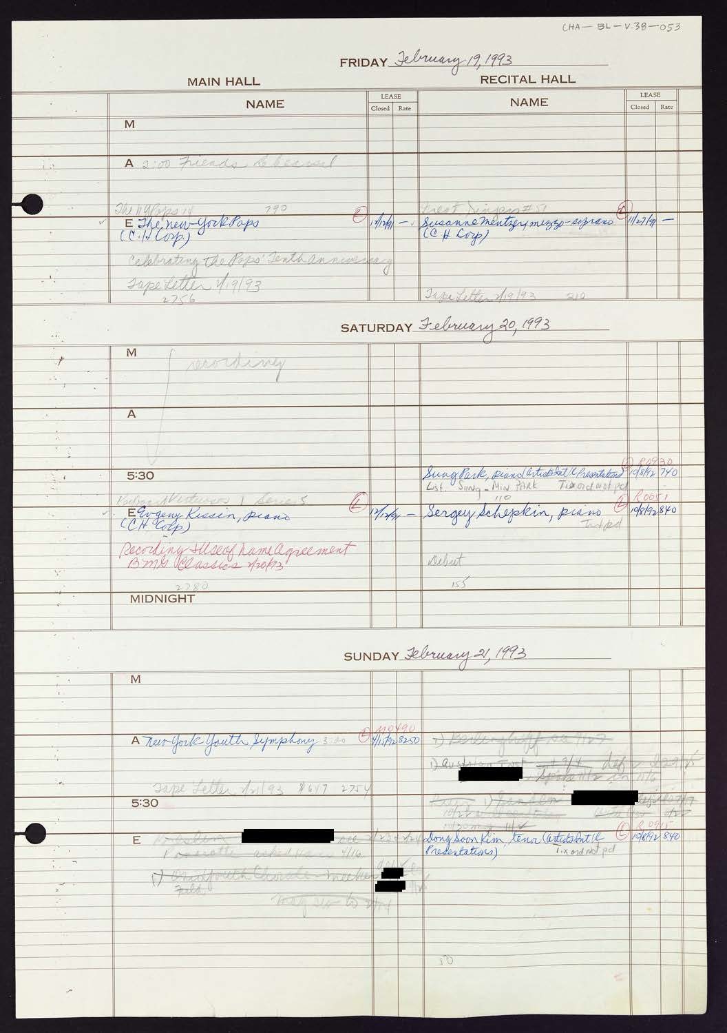 Carnegie Hall Booking Ledger, volume 38, page 53