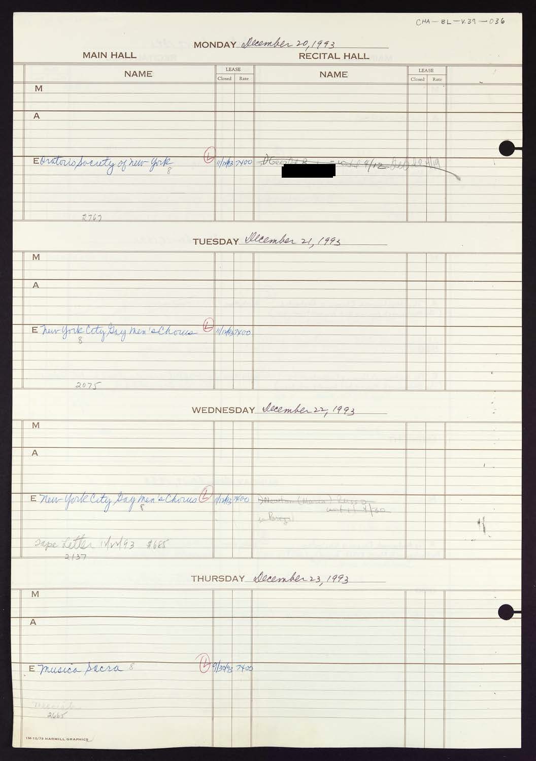 Carnegie Hall Booking Ledger, volume 39, page 36