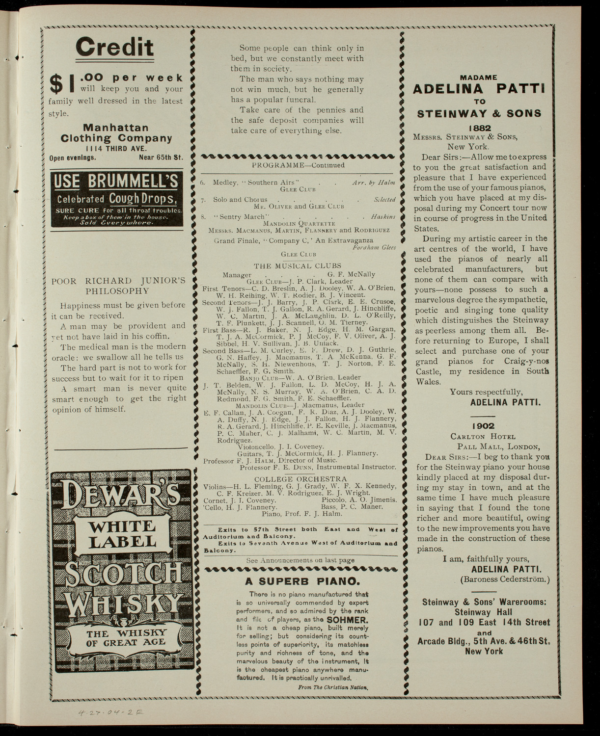 Fordham College Glee, Banjo, and Mandolin Clubs, April 27, 1904, program page 3