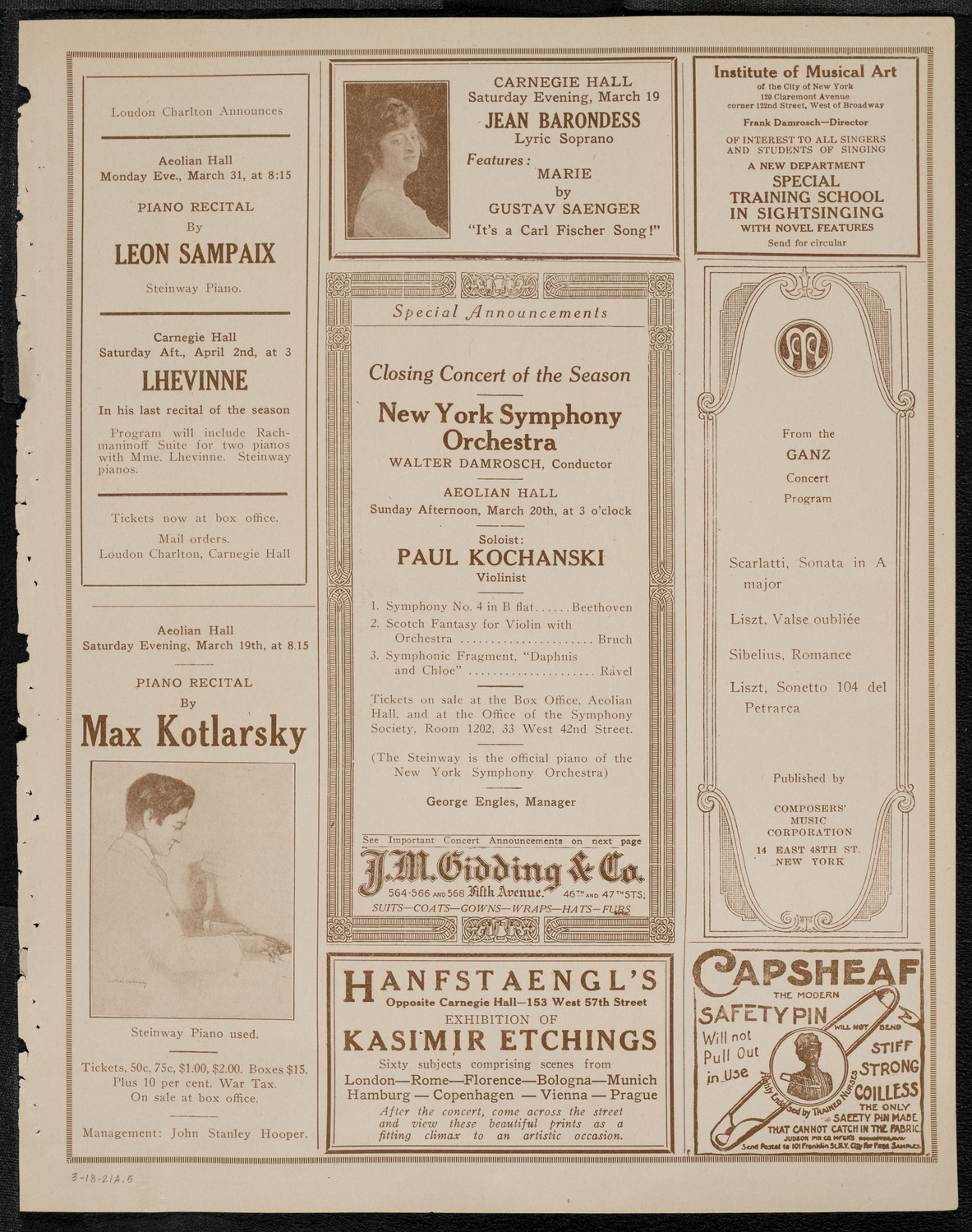 La Scala Orchestra, March 18, 1921, program page 9