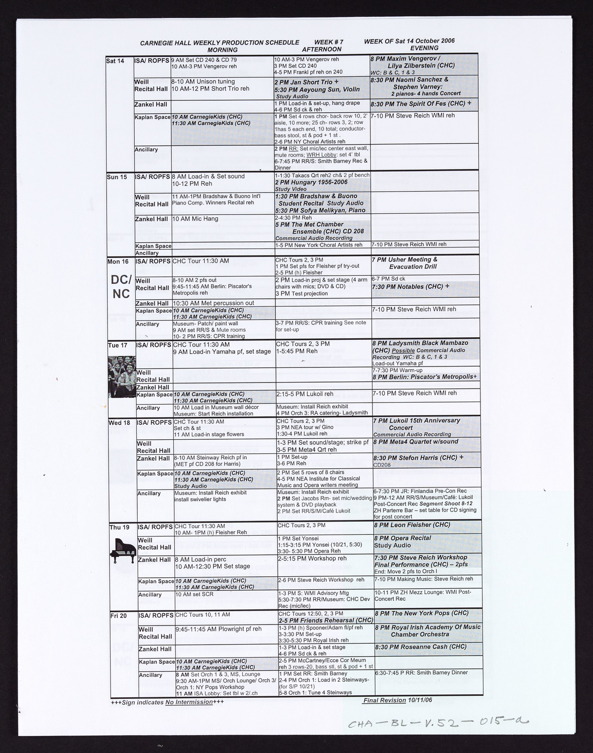 Carnegie Hall Booking Ledger, volume 52, page 15a