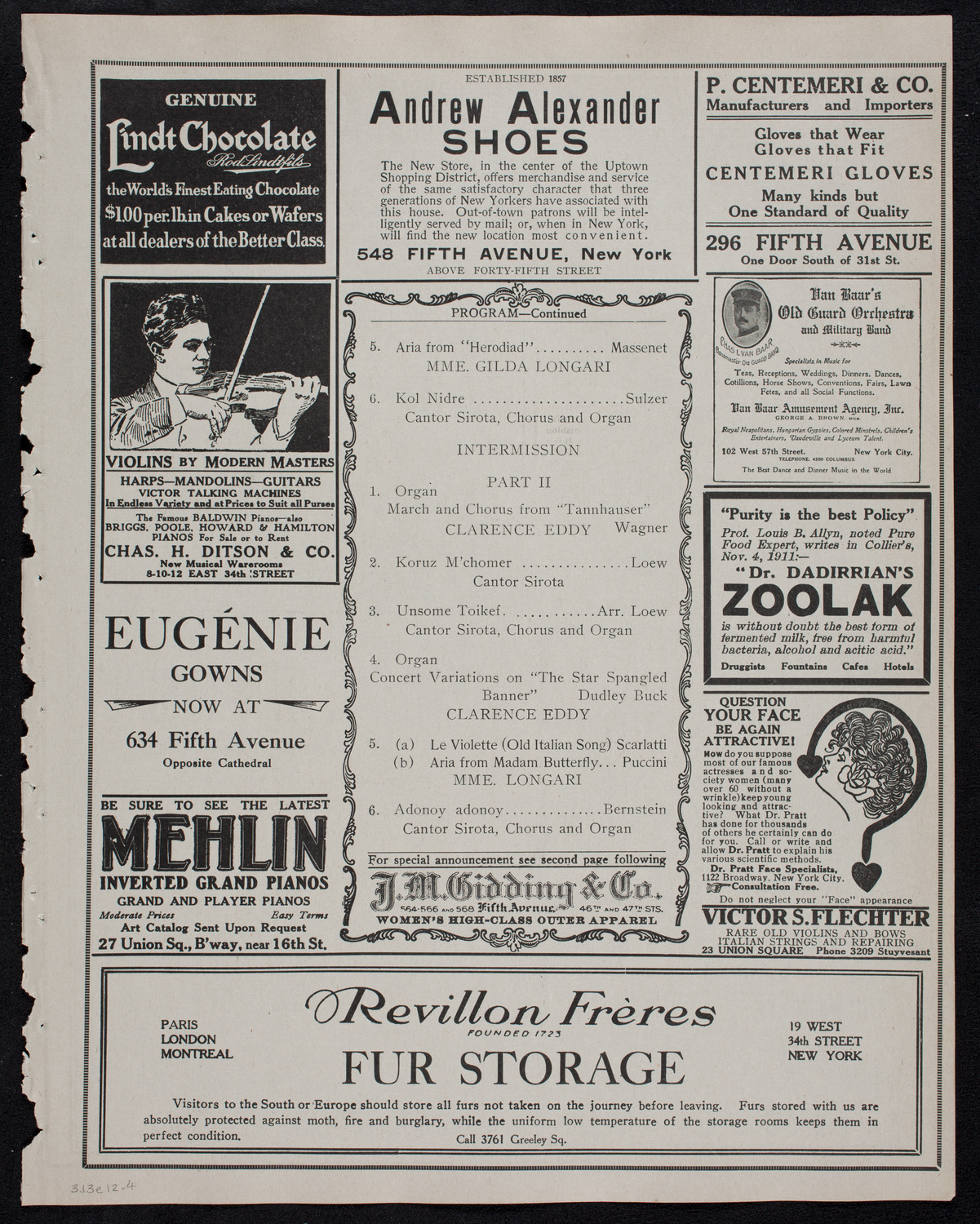 Cantor Sirota with Choir, March 13, 1912, program page 7