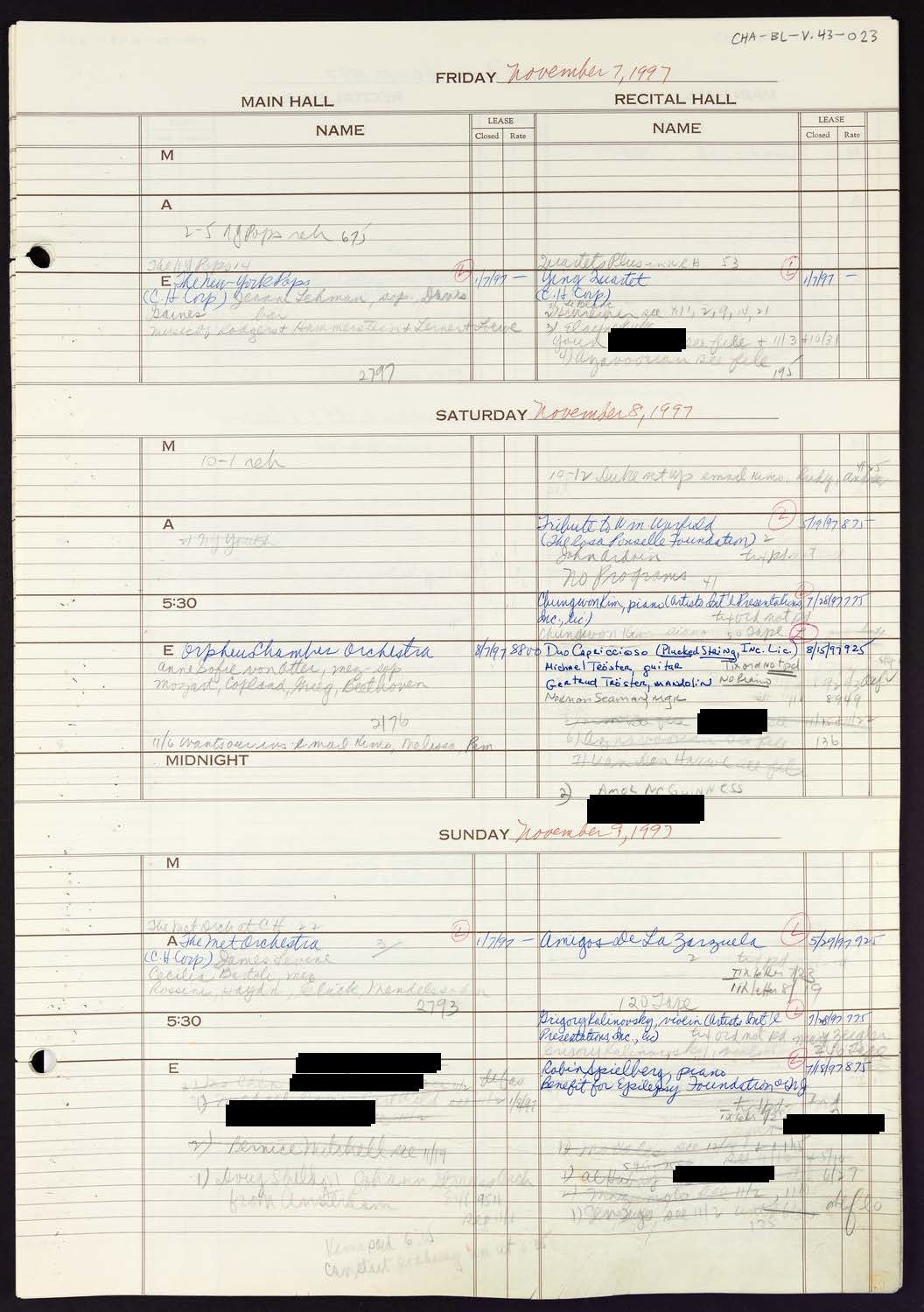 Carnegie Hall Booking Ledger, volume 43, page 23