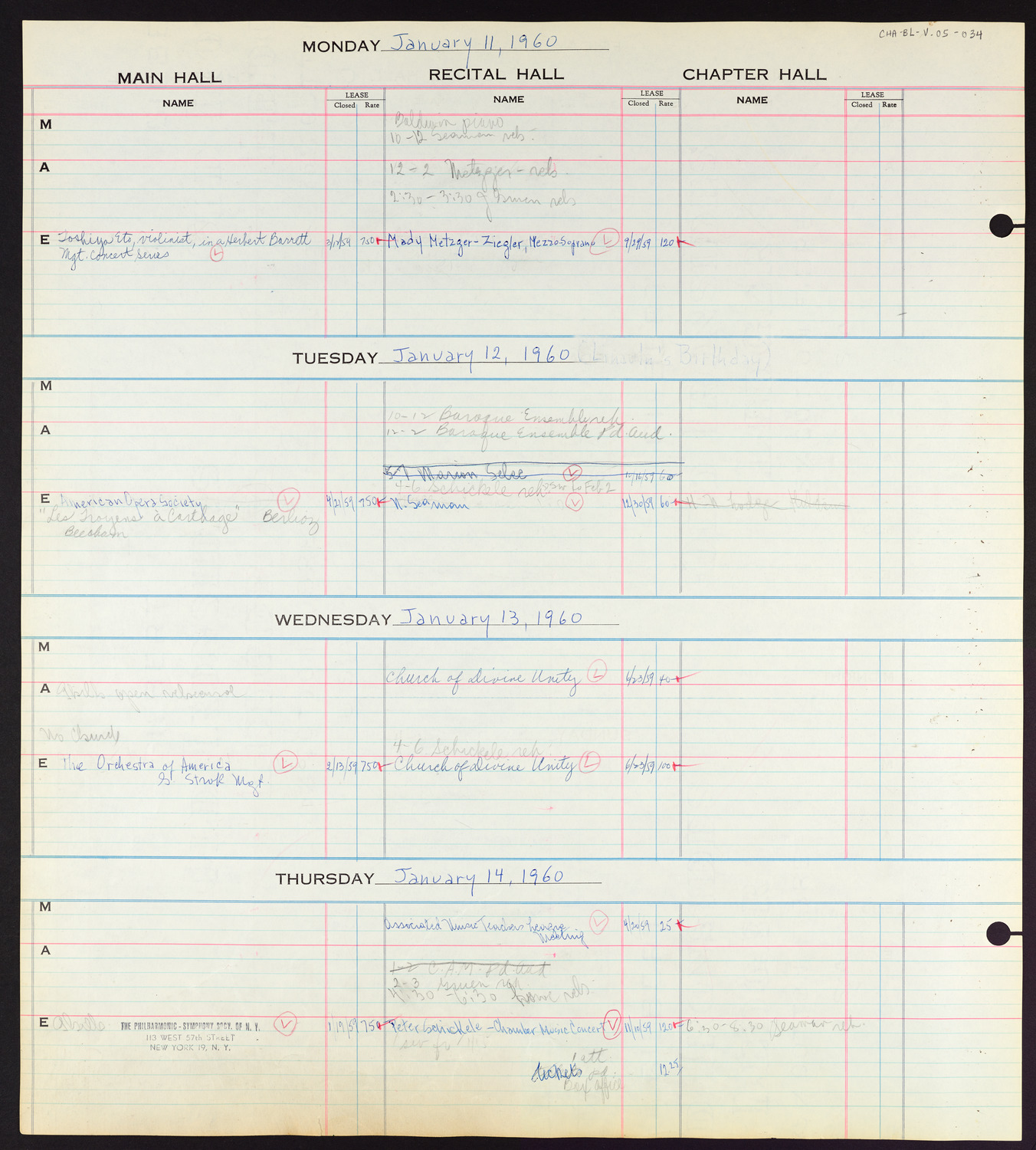 Carnegie Hall Booking Ledger, volume 5, page 34