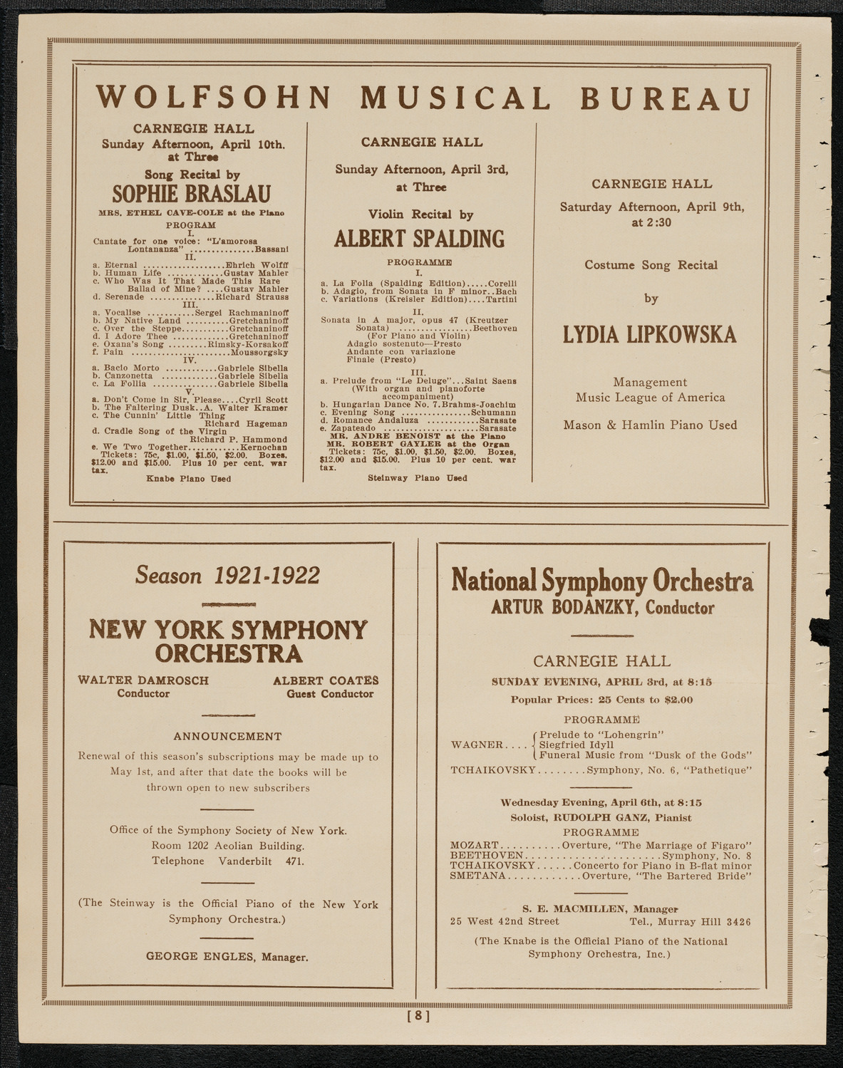 Mishel Piastro, Violin, April 2, 1921, program page 8