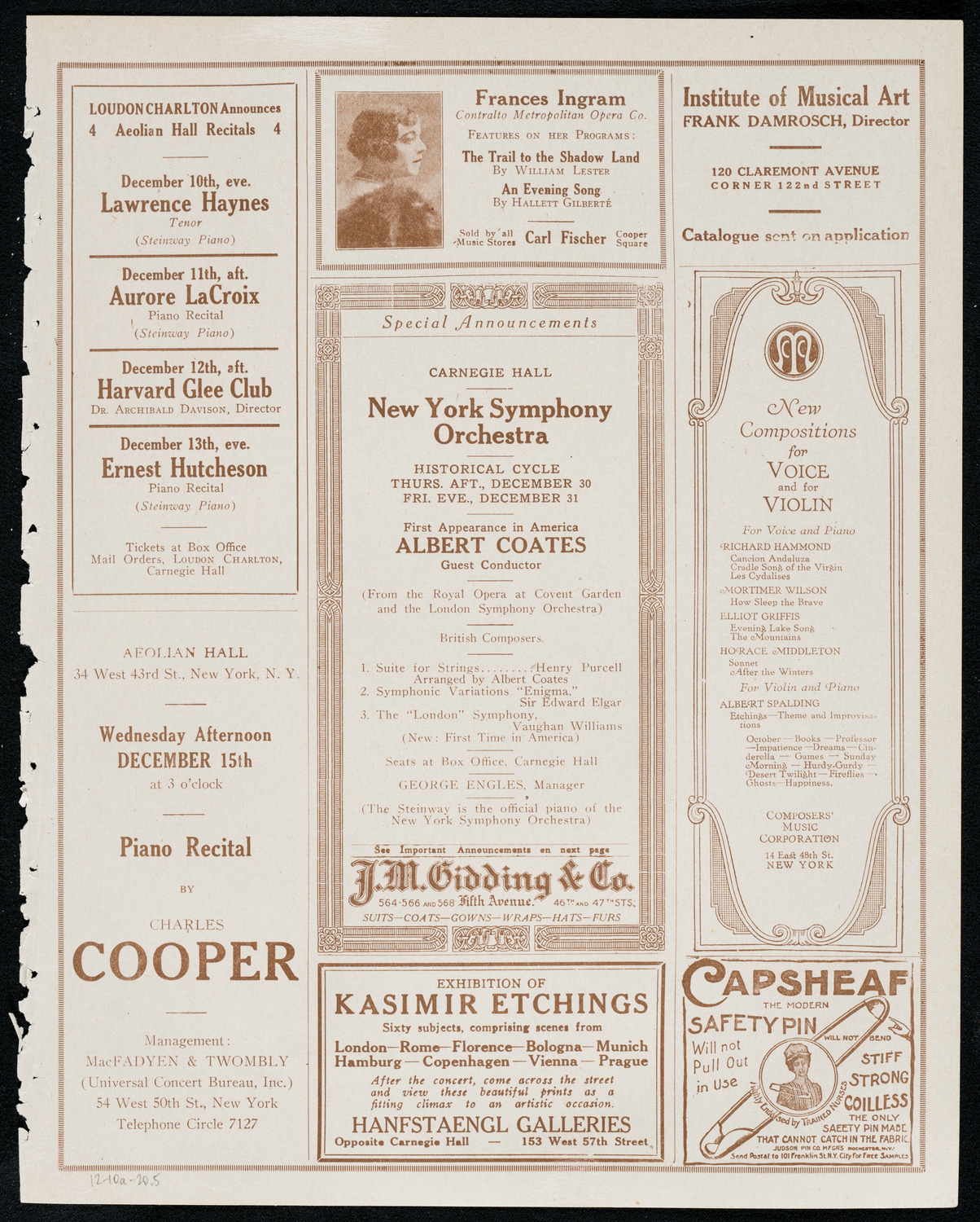 New York Philharmonic, December 10, 1920, program page 9