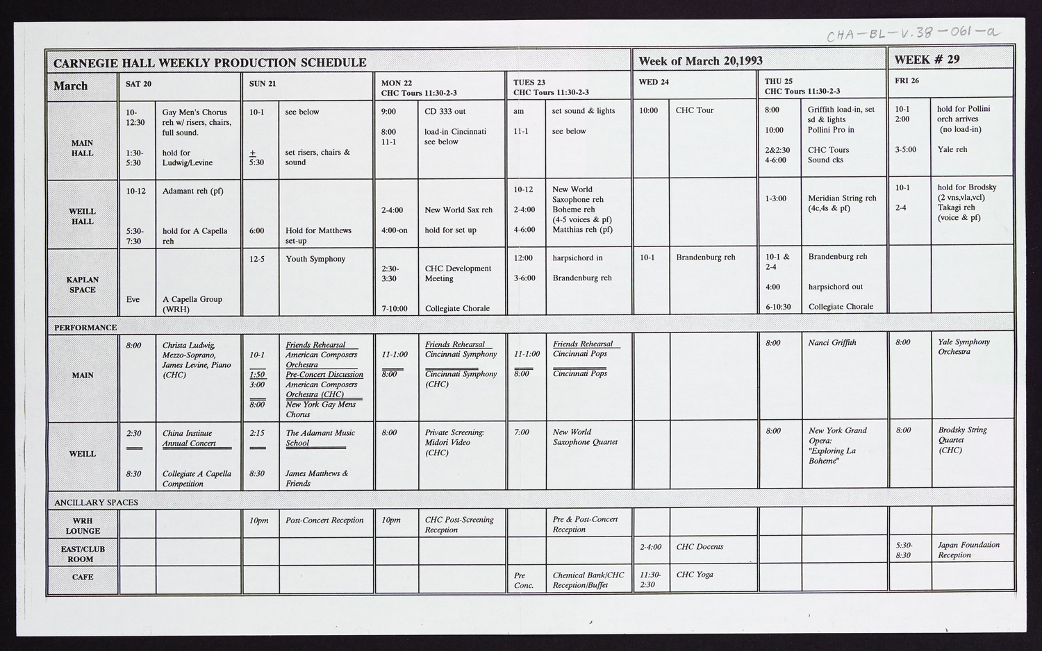 Carnegie Hall Booking Ledger, volume 38, page 61a