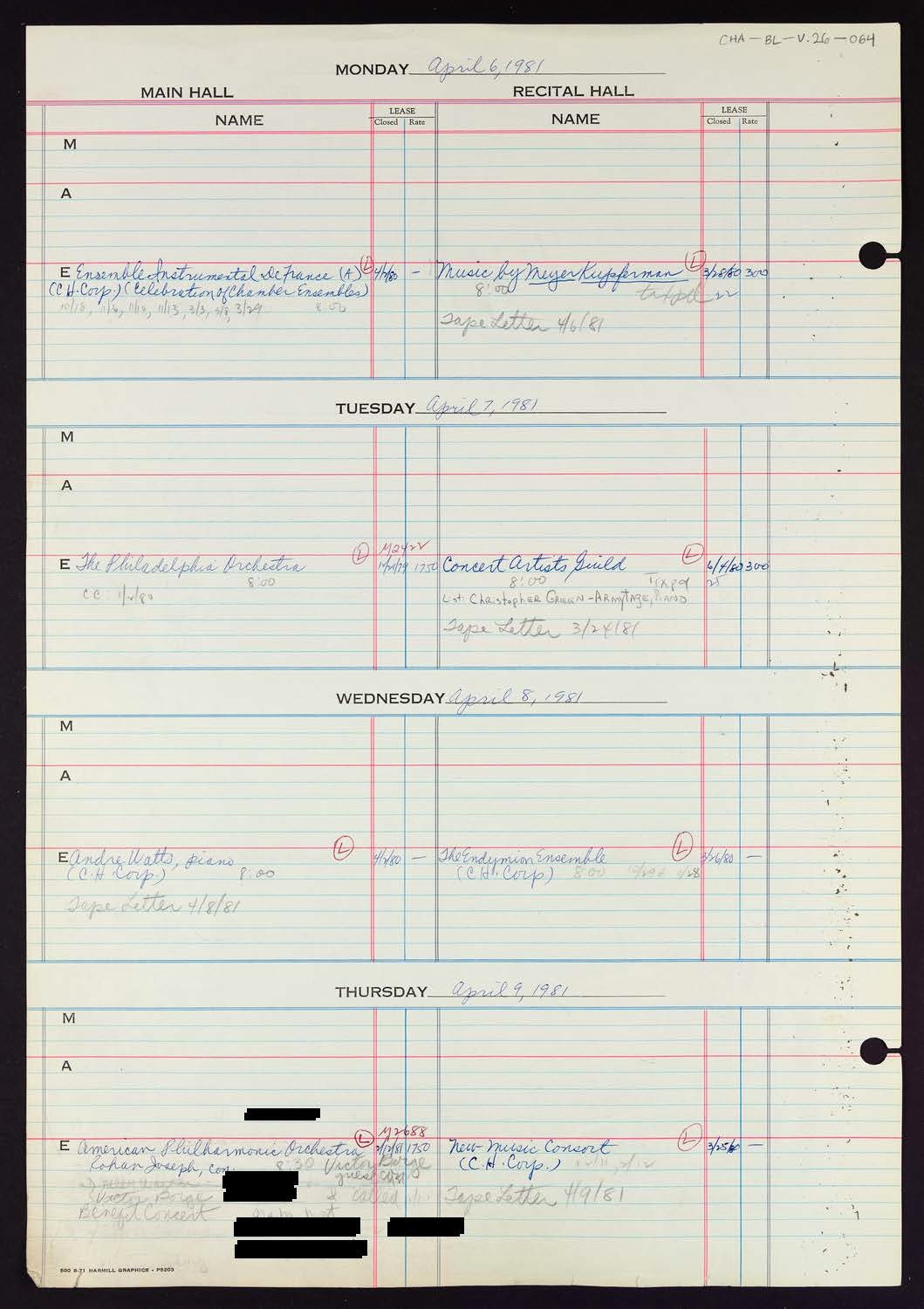 Carnegie Hall Booking Ledger, volume 26, page 64