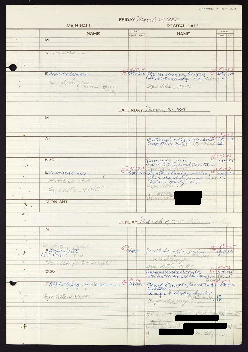 Carnegie Hall Booking Ledger, volume 30, page 63